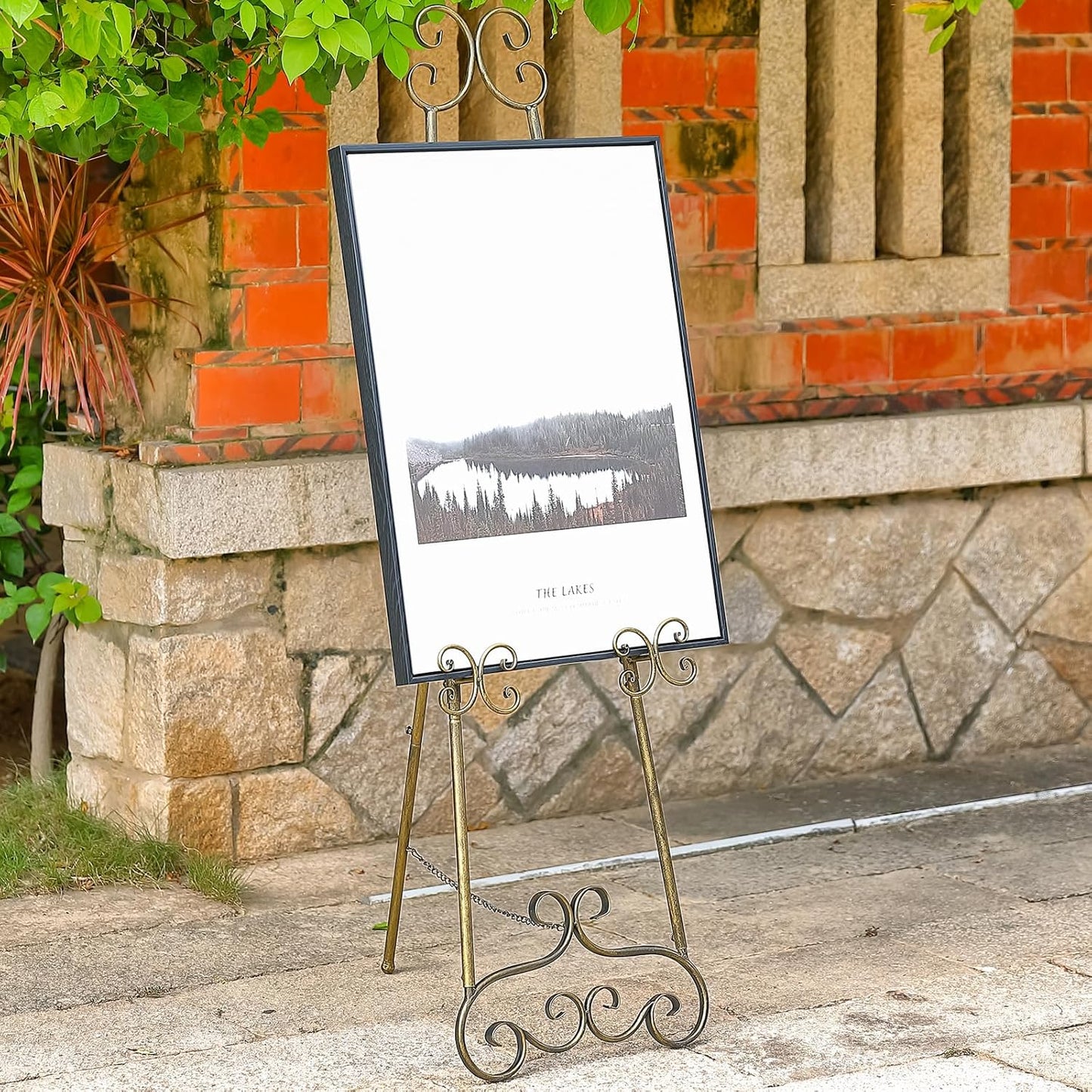 56" H Metal Scroll Extra Large Free Standing Adjustable Display Easel, Vintage Decorative Floor Display Stand Easel with Chain Support for Picture Frame Wedding Sign