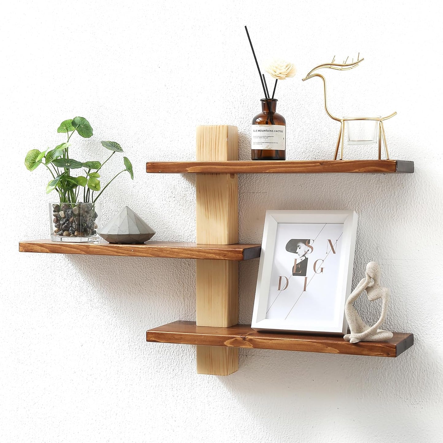 Wood 3 Tier Floating Shelf, Large Minimalist Wall Shelves, Mid Century Modern Furniture, Art Deco, Plant Rock Crystal Shelving for Bedroom Living Room Office Bathroom