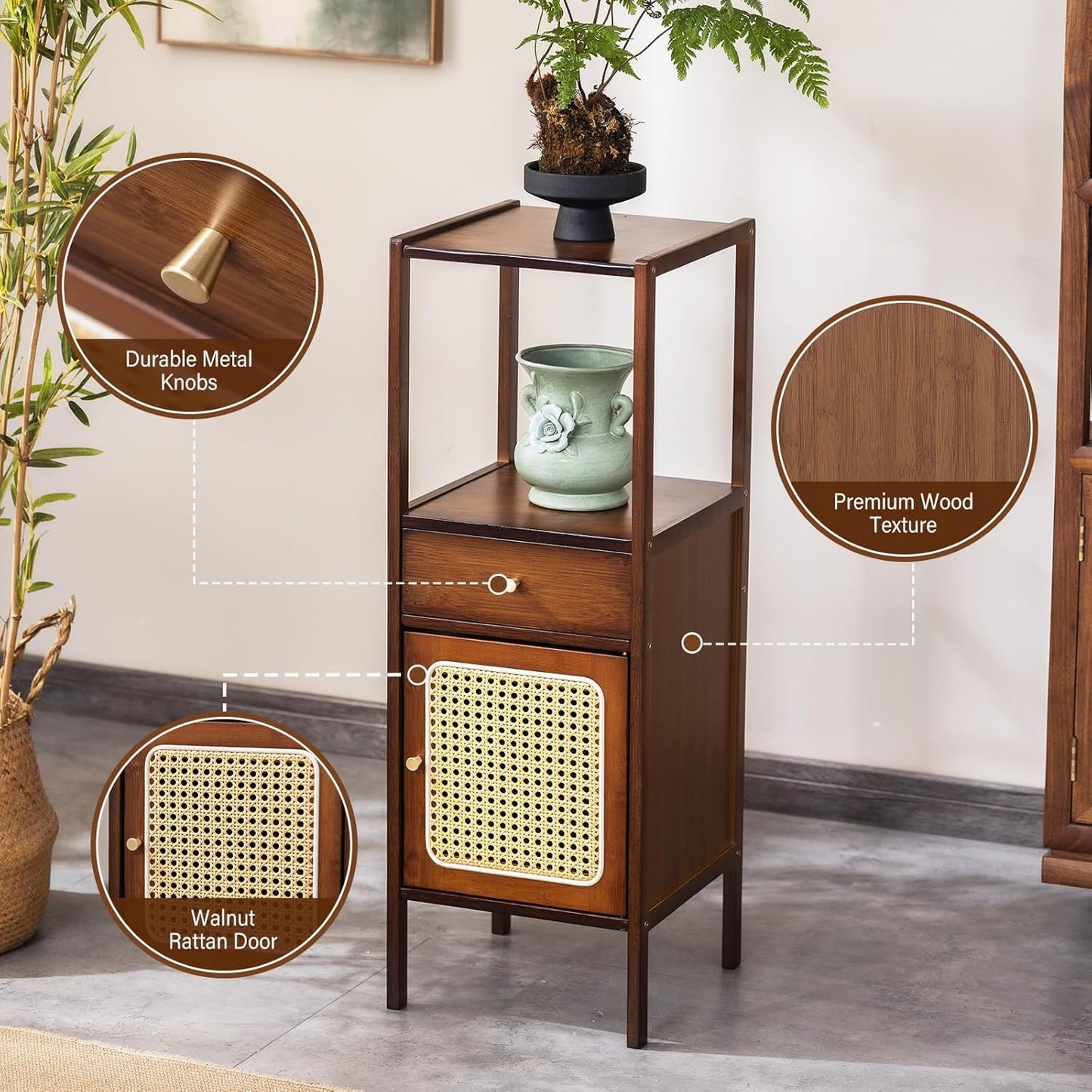 3-Tier Narrow Wood Bookcase with Rattan Door & Drawer — Mid-Century Modern, Walnut