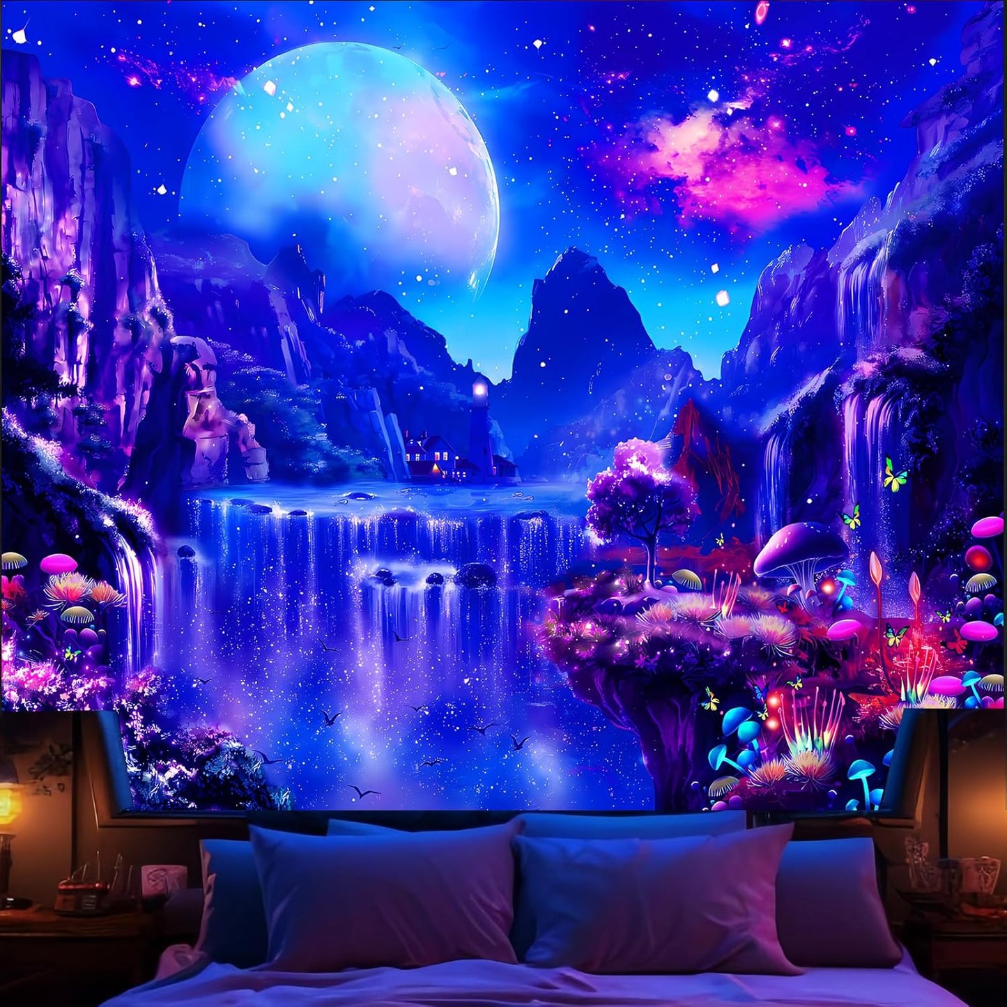 Avinyl Blacklight Space Tapestry for Bedroom, Black Light Moon and Mushroom Large Tapestries 60" x 79", Glow In The Dark Fantasy Waterfall Landscape Wall Hanging for Living Room Dorm Decor
