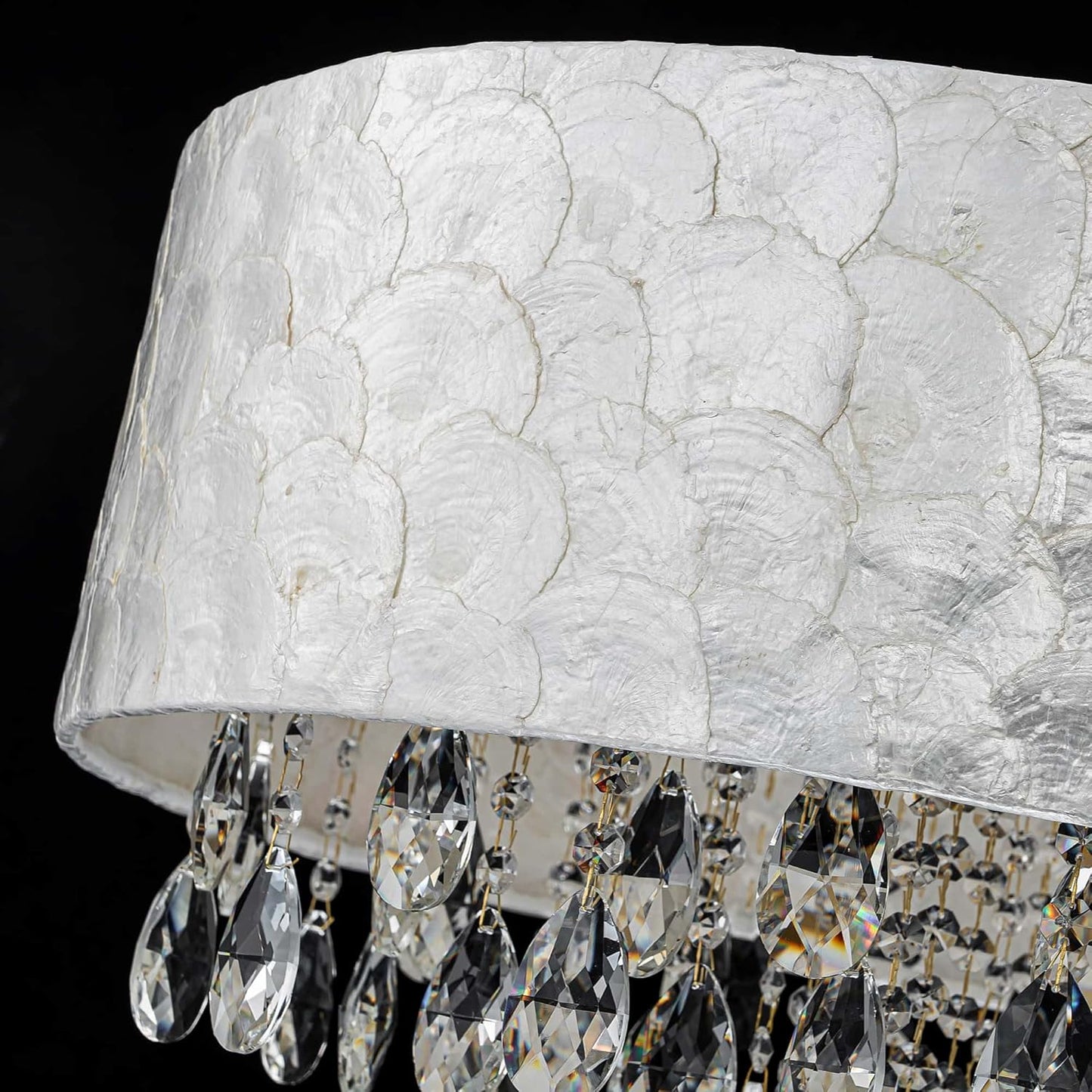 X-Large 6-Light Drum Capiz Shell Crystal Chandeliers, Coastal Style Pendant Light Fixture for Dining Room, Living Room, D24 x H23~71 inch(Adjustable), Shell Lampshade & Gold Finish