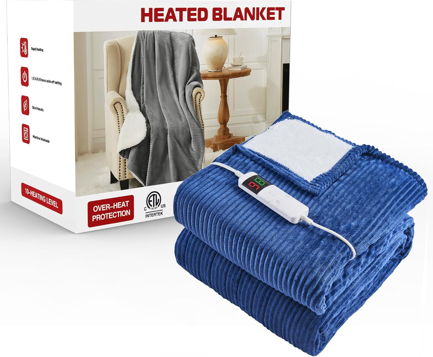 Heated Electric Blanket Throw Size 50"x 60" Heating Thow Blanket Soft Warm Thick Bed Blanket for Cold Winter 5-Position Timer &10 Heating Setting Home Office Use & Washable