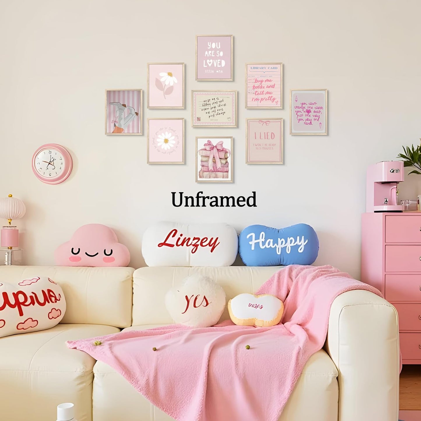 XYHYRA Pink Wall Art Painting Set of 9, Pink Preppy Girly Quote Canvas Prints Painting, Romantic Bow Books Daisy Poster Aesthetic Room Decor for Teen Girls Bedroom Dorm 8x10 Inch Unframed