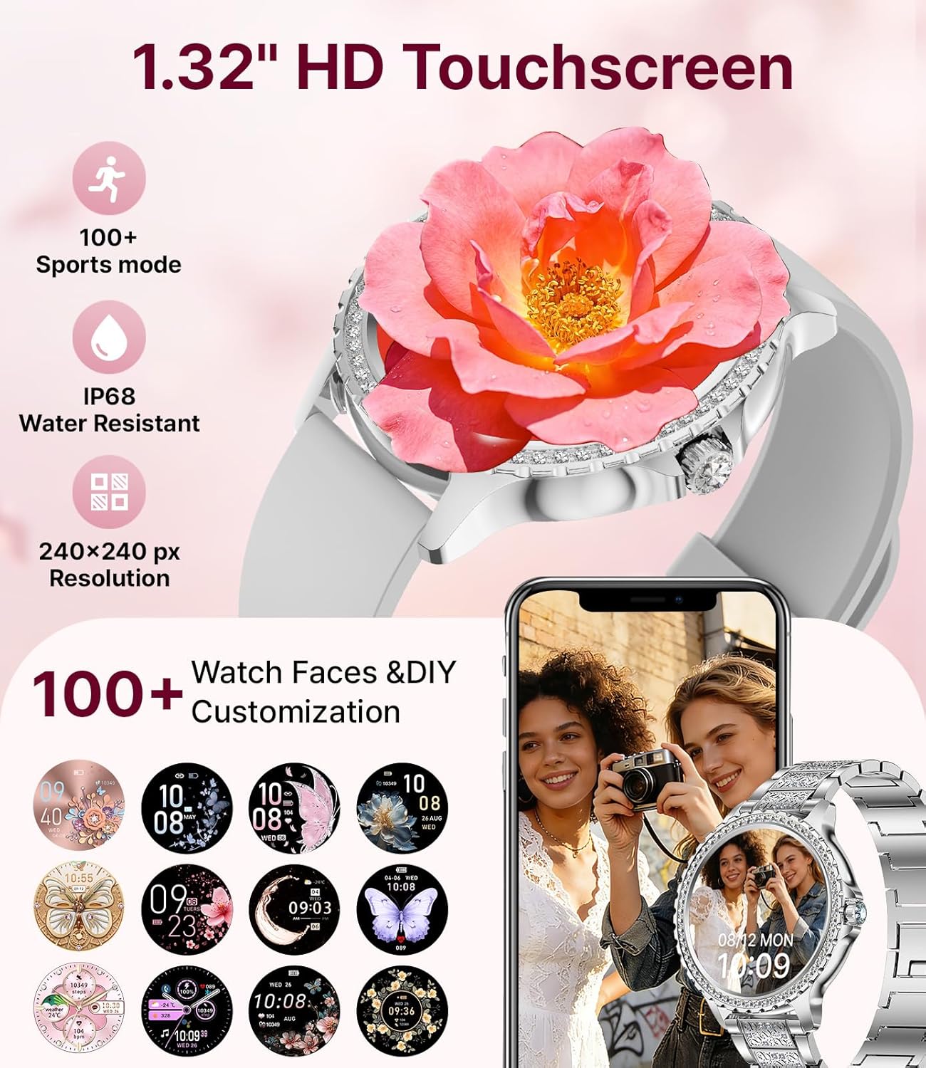 LIGE Smart Watches for Women,1.32" HD Fitness Tracker Watch with Answer/Make Call,AI Voice Control,Heart Rate/Calories/SpO2 Monitor 100+ Sport Modes Ladies Silver Smart Watch for Android iOS 2 Straps