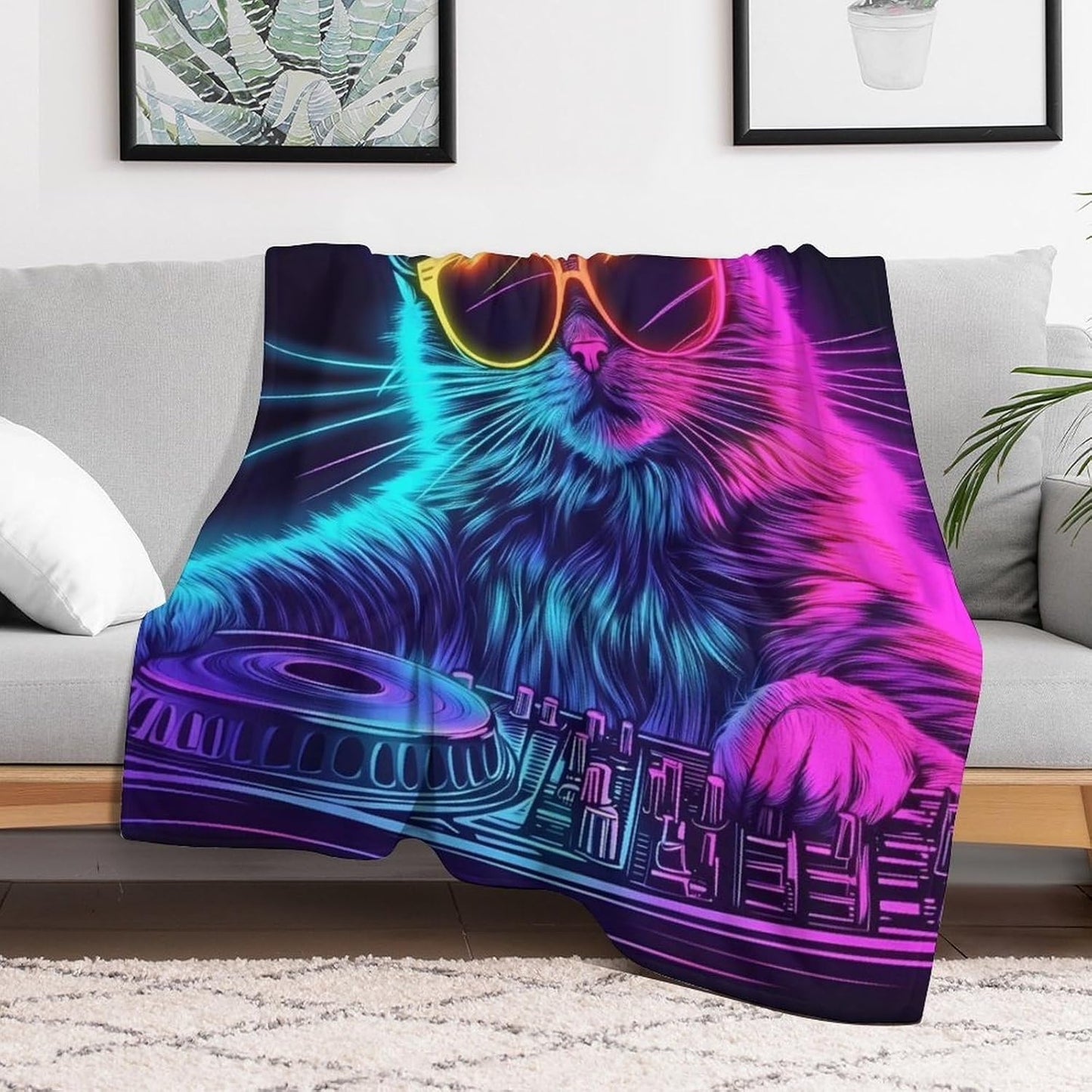 Rainbow DJ Cat Throw Blanket for Couch Bed Plush Cozy Fuzzy Flannel Blanket for All Season 30"x40"