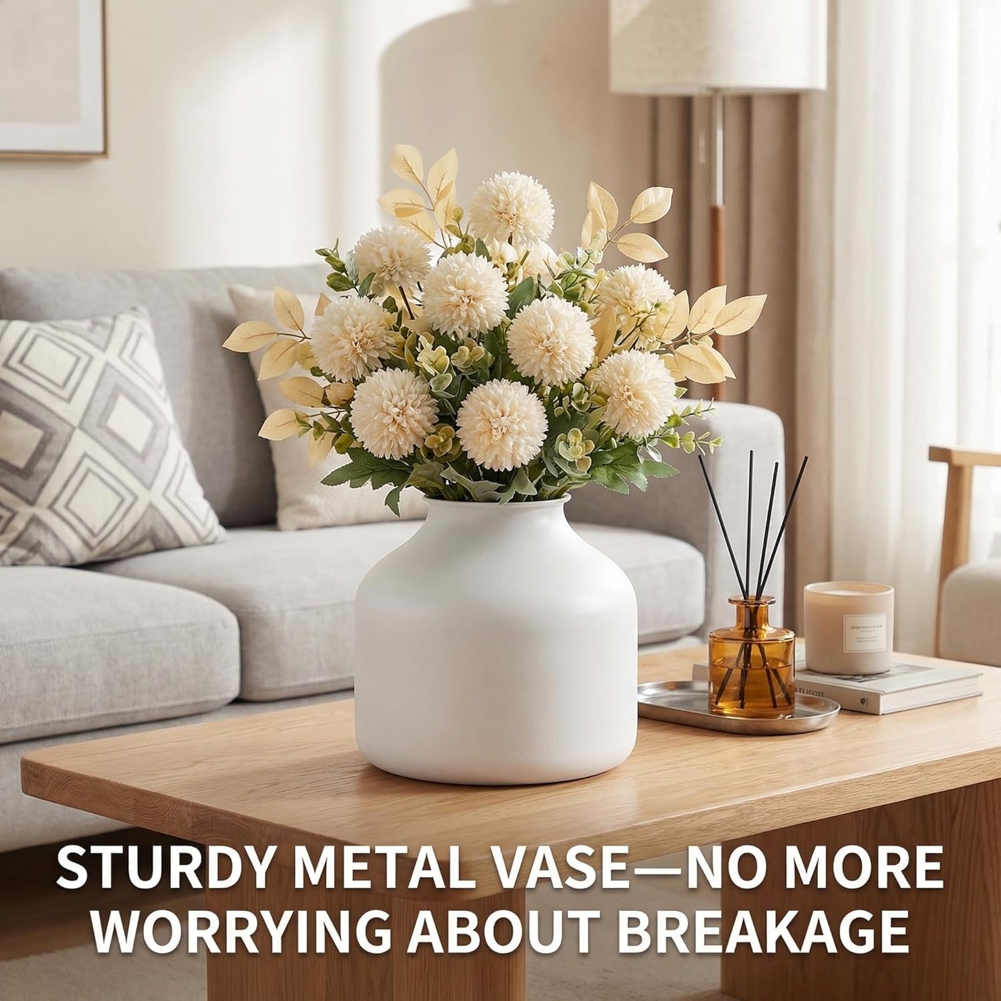 Goaste Metal Matte Flower Vase, Small White Vase for Flowers, 6.3 Inch Tall Iron Frosted Floral Arranging Vases, Nordic Style Round Boho Vases for Modern Minimalist Home Decor, Wedding, Bookshelf