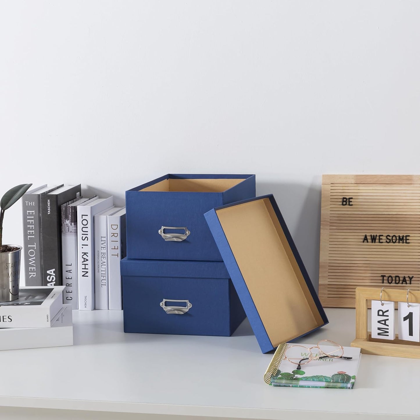 Soul & Lane Blue Decorative Cardboard Storage Boxes with Lids, Set of 2 Stacking Keepsake Photo and Memory Boxes for Home & Office, Elegant Paperboard Organizers with Label Holders and Drawer Pulls