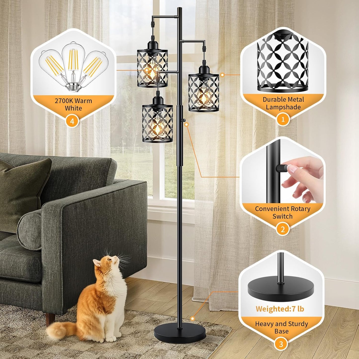 68" Dimmable Floor Lamp, Farmhouse Standing Lamp with Elegant Metal Cage, Industrial Tall Tree Floor Lamps for Living Room, Bedroom, Study Room, Office (2000LM LED Bulbs Included) - Black