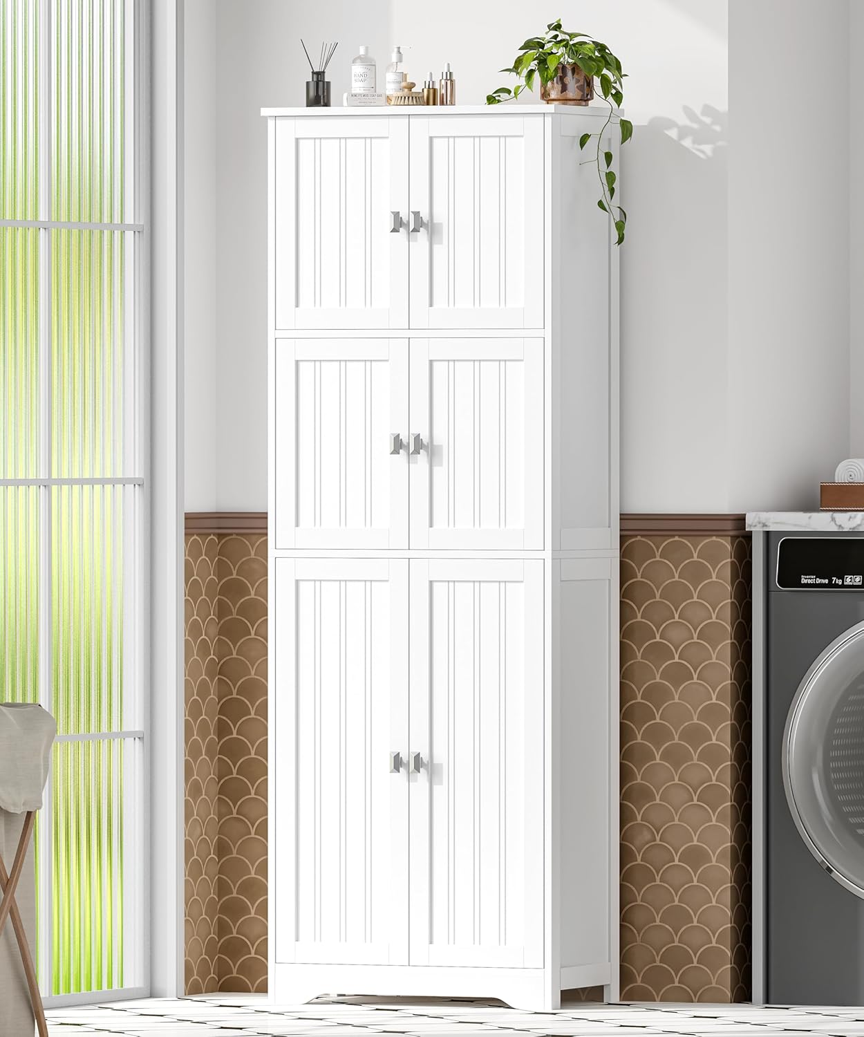 63" H Tall Bathroom Storage Cabinet, Linen Floor Cabinet with 6 Doors and Adjustable Shelves, Pantry Storage Cabinet for Bathroom, Living Room, Laundry Room, Kitchen, White
