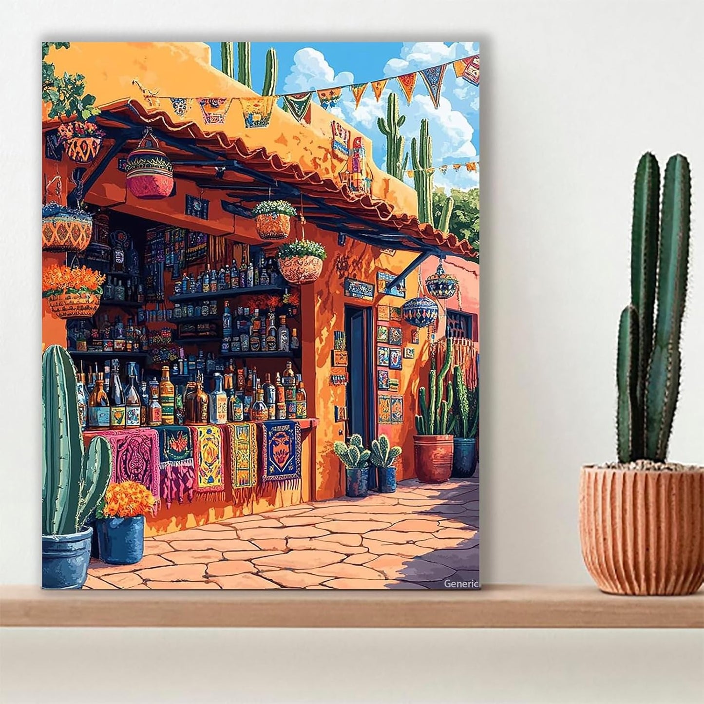 Mexican Tequila Bar Wall Art Colorful Table Runners, Cactus Plants, and Rustic Decor Southwestern Style Canvas Print for Kitchen, Dining Room Home Bar 8x10inch Framed