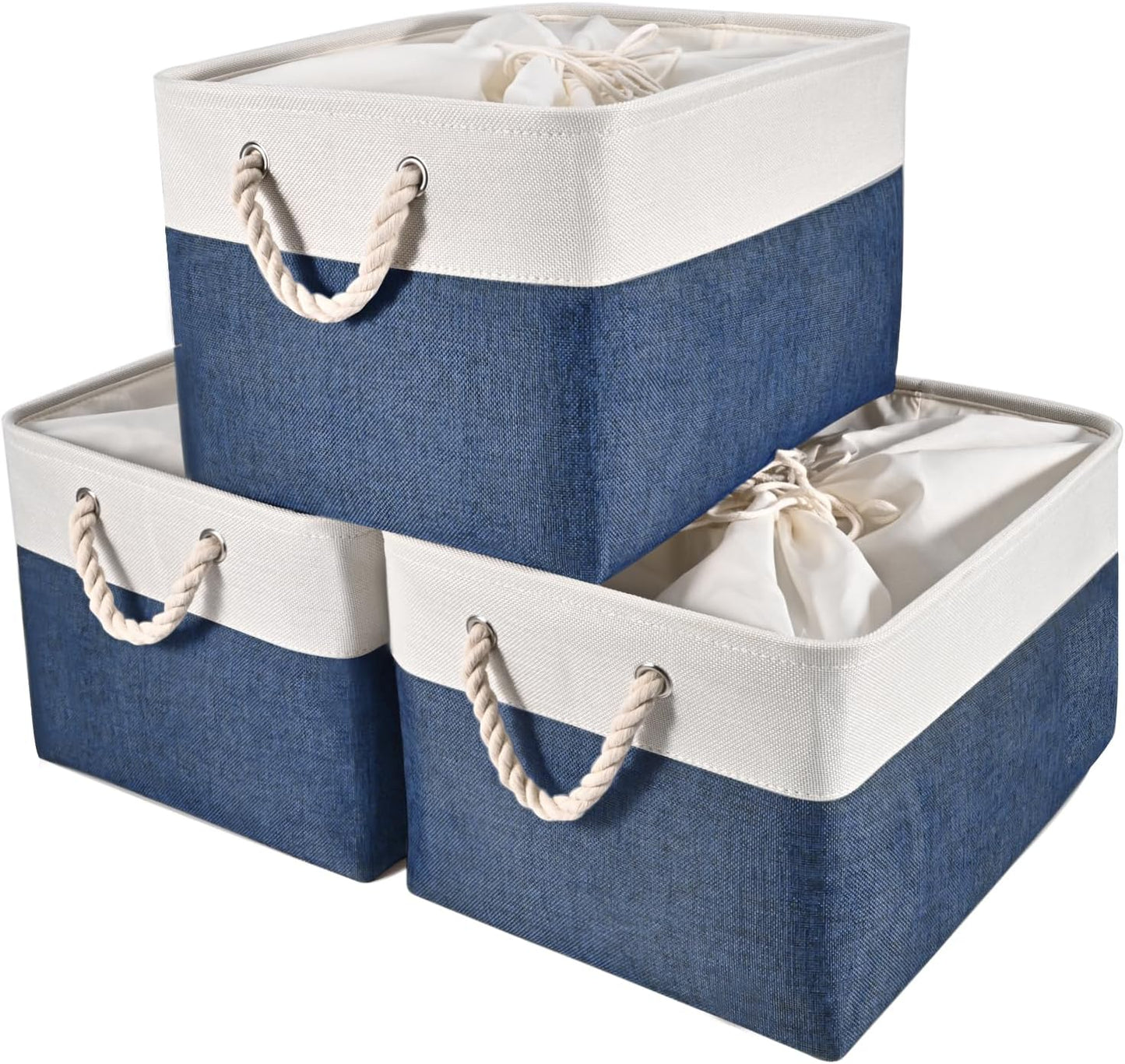 HOdo Home 3PCS Storage Bins, Fabric Bin with Drawstring Closure and 2 Bold Handles, Collapsible Large Canvas Baskets for Organizing Shelf Nursery Home Closet (15.8×11.8×9.5 In, White and Navy)