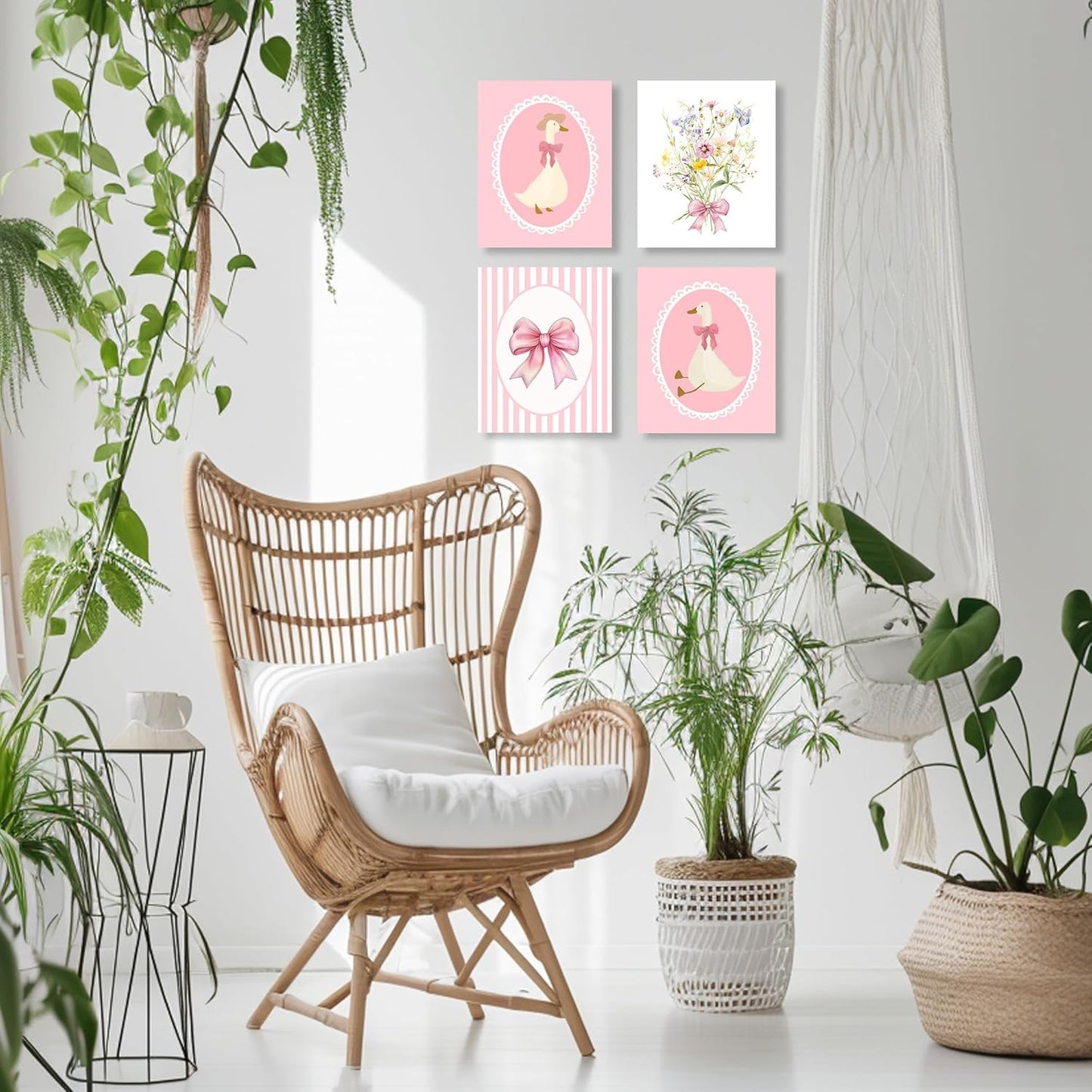 LUKIPOM Coquette Pink Nursery Wall Art Posters Set of 4, Girls Room Bedroom Nursery Dorm Decor, Preppy Pink Bow Goose Wildflower Girly Canvas Prints Artwork Wall Decor, 8x10 Unframed
