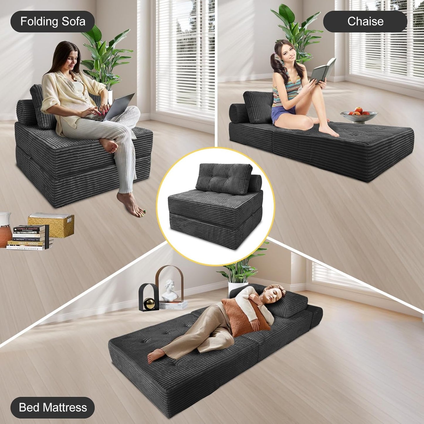 Folding Sofa Bed, Convertible Couch Chair with Pillow, Boneless Velvet Foldable Sleeper Sofa with Back Support, Portable Fold Out Lounger for Living Room, Apartment & Dorm, Dark Grey Corduroy | Lumbar Pillow
