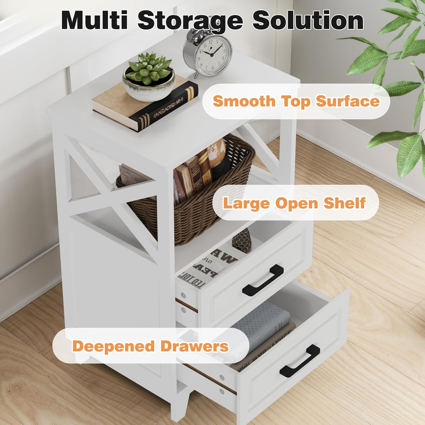 White Nightstand, Tall Bedside Table, Farmhouse Side Table with Storage Drawers and Open Shelf, Wooden Rustic End Table Cabinet for Bedroom, Home Office, White