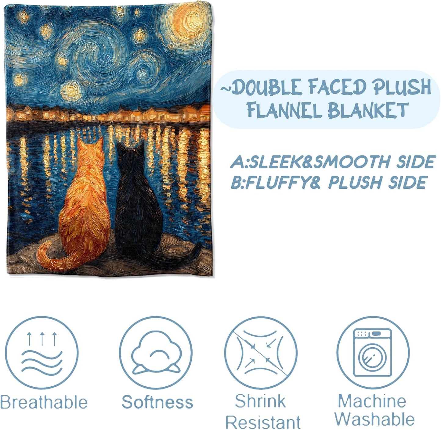 Cat Flannel Blanket, Soft Cozy Throw with Kitten Starry Night, Oil Painting Dreamy Home Bedroom Decor and Gifts for Women Kids Girls, Lightweight Blankets for All Seasons, 50x60 Inch
