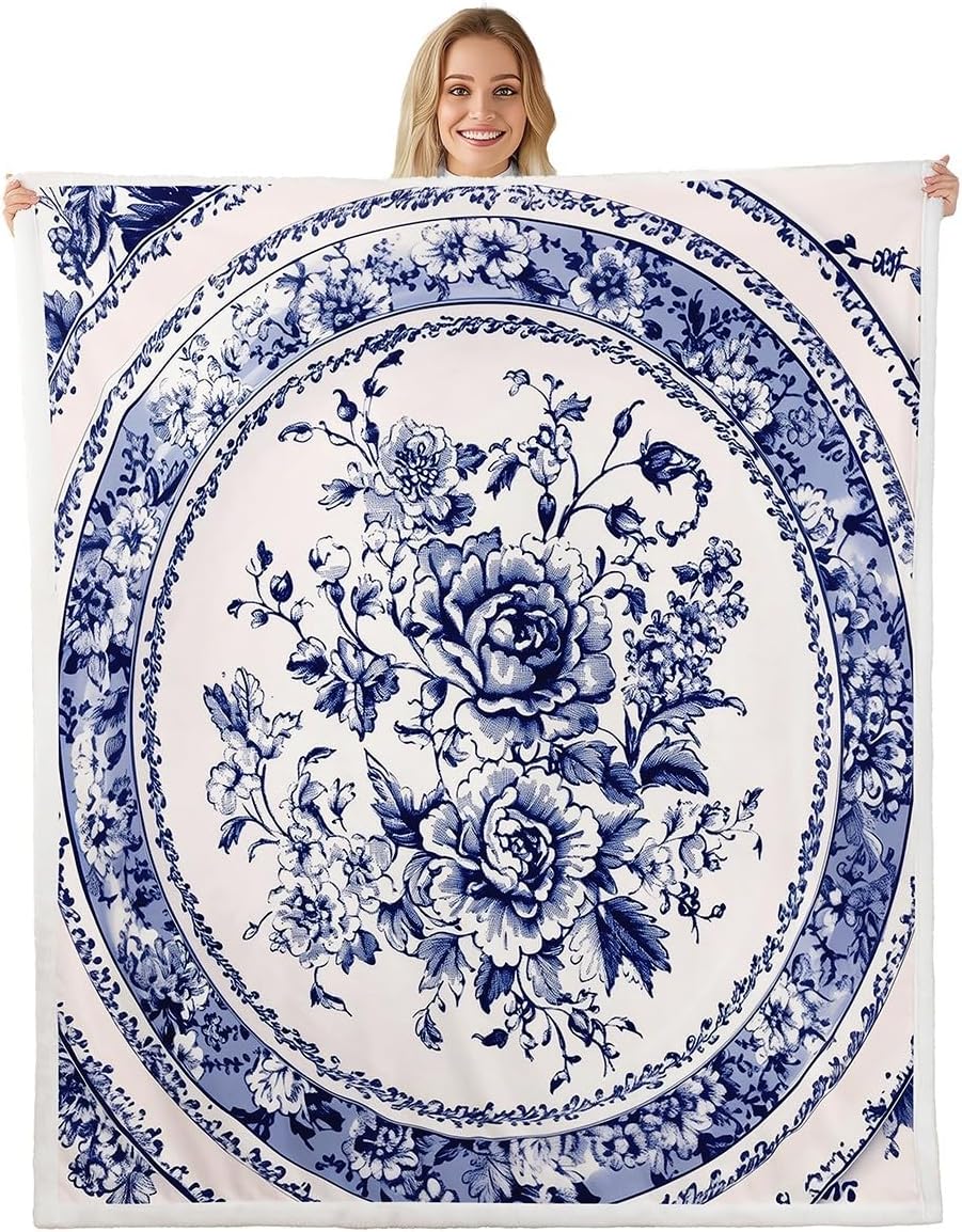 Erosebridal Blue White Floral Blanket Baby 30x40,Geometric Oriental Flower Fuzzy Fleece Blankets for Kids Girls Teens Women,Chinese Style Throw Blanket,Vintage Blossom Bed Blankets