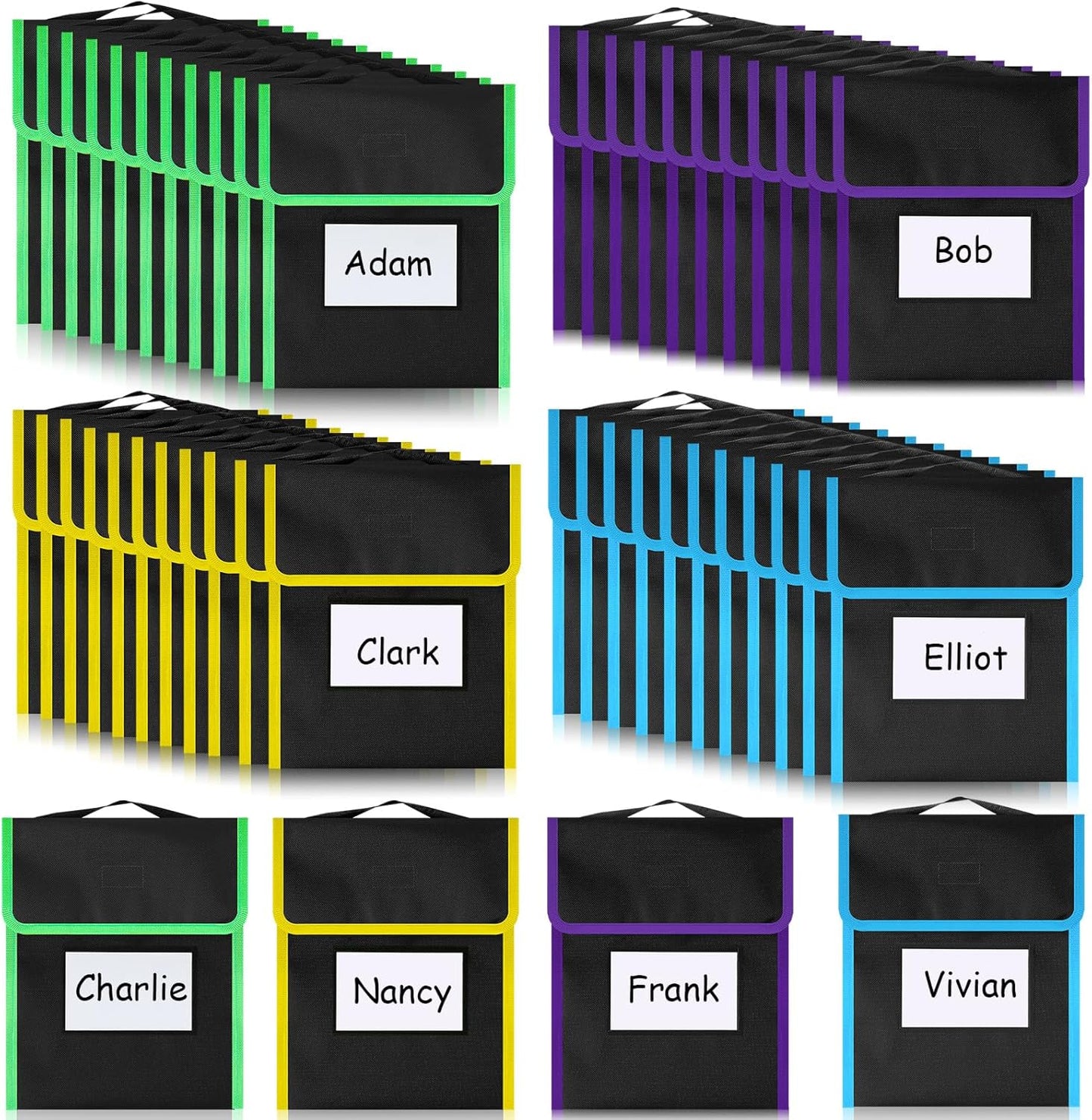 Outus 48 Pcs Medium Book Pouches for Classroom, Nylon Black Reading Book Bags for Student with Clear Name Tag, 10" x 12", Pocket on Handle Chair Pockets for Classroom Students School Home
