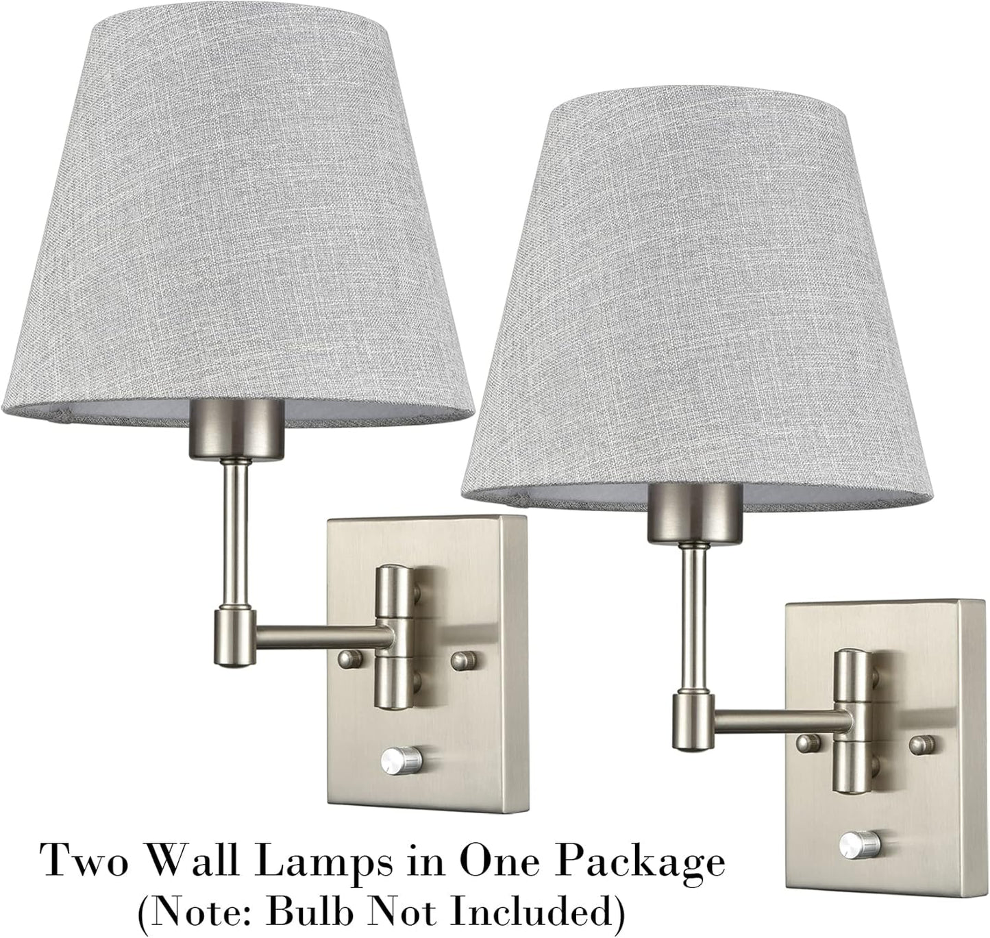 SAMTEEN Swing Arm Wall Sconces Set of Two Plug in Wall Lamp with Grey Fabric Shade and On Off Switch Wall Light for Bedside Living Room Hallway, Brushed Nickel Finish