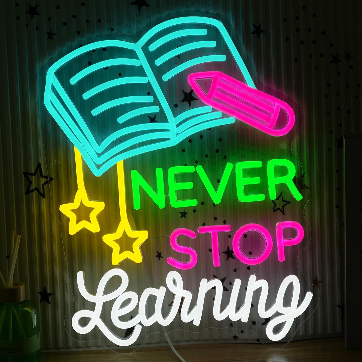 Read Books Neon Sign Led Never Stop Learning Light Up Sign for Wall Decor Dimmable Positive Reading Book Neon Classroom Sign for Learning Room Bookstore Study Room Library
