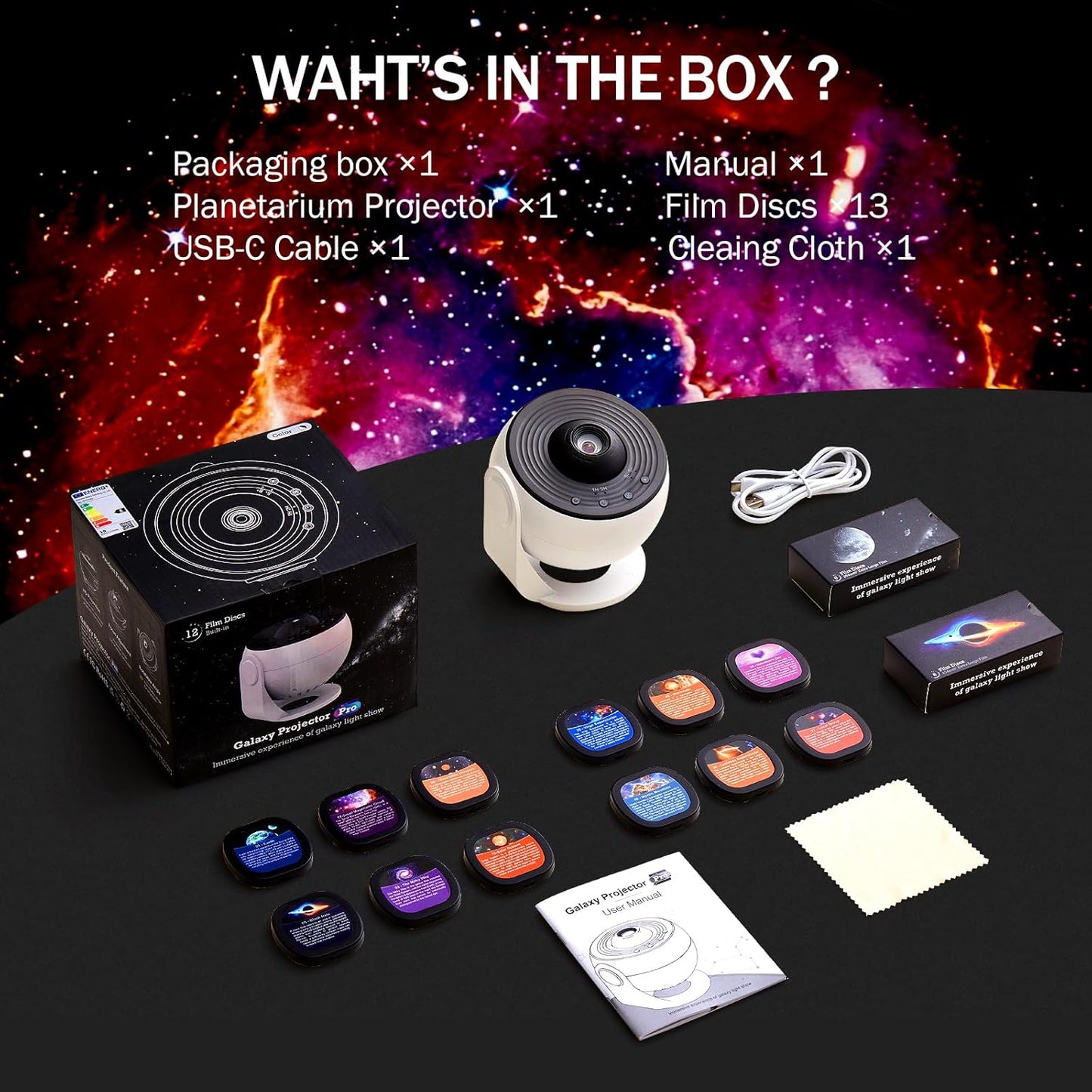 Luxury Galaxy Projector Gift Set – 360° Rotating HD Nebula, 13 Cosmic Discs, Adjustable Brightness & Speed, Auto-Off Timer (1/2H), Perfect for Kids & Adults