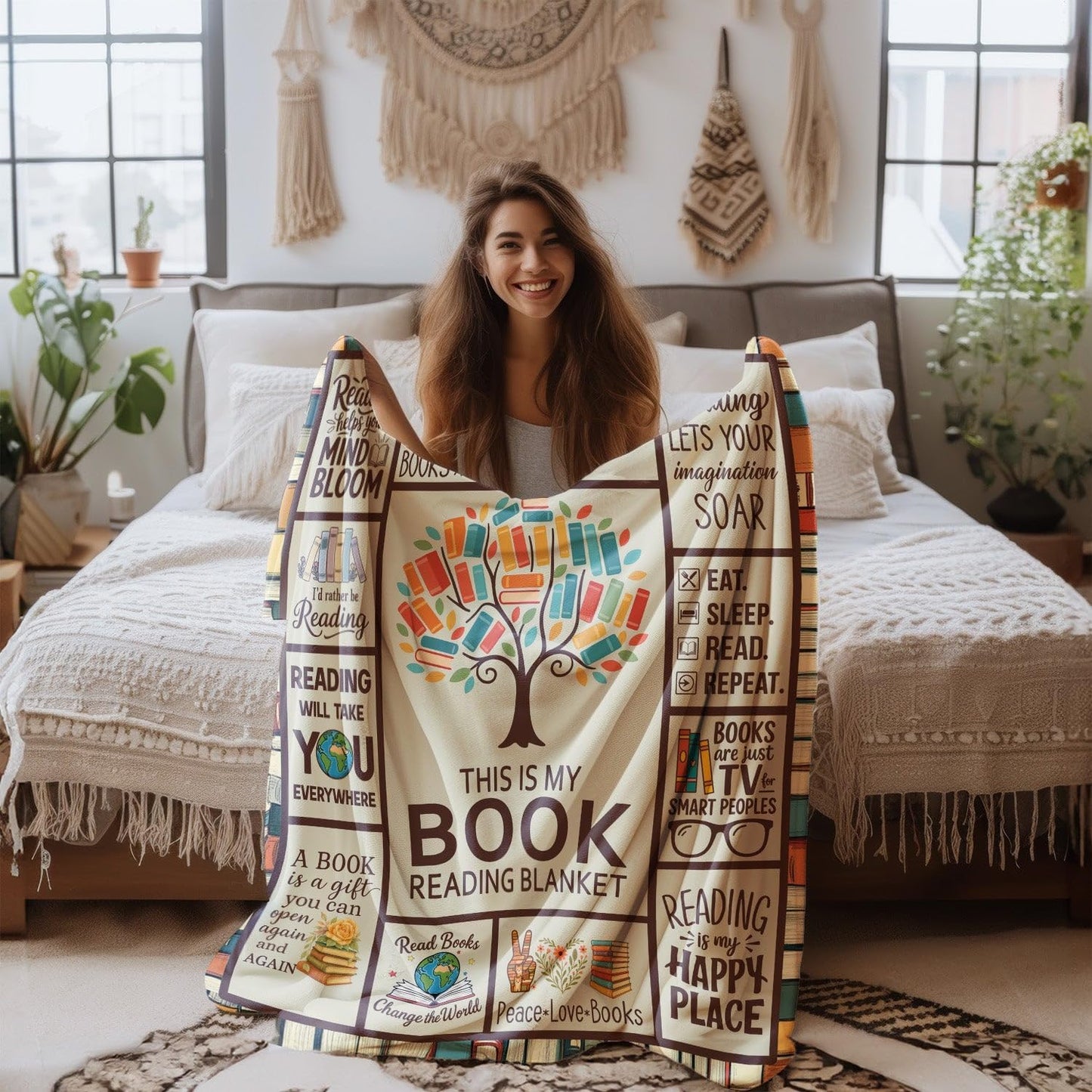 Book Lover Reading Blanket - Cozy Throw with Cute Reading Quotes and Book Illustrations for Readers Librarians Writers and Literature Enthusiasts for Home Or Library