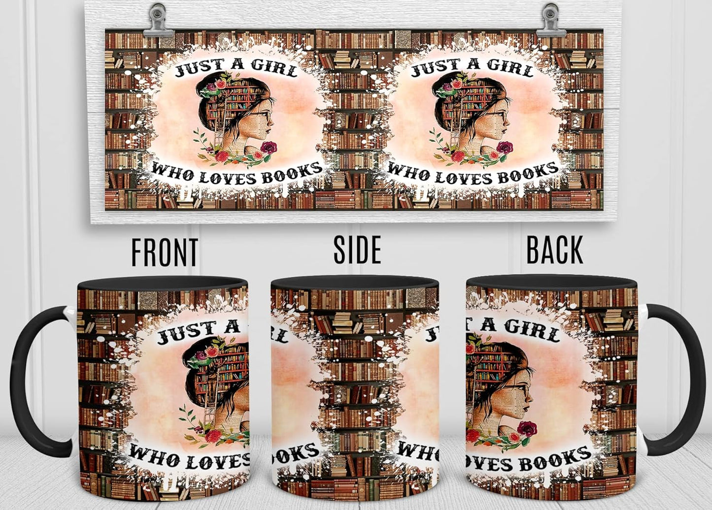 YouNique Designs Just a Girl Who Loves Books Mug, 11 Ounces, Book Club Cups, Book Lovers Coffee Mug, Librarian Mug, Bookworm Cup, Book Mug, Bookish Items, Reading Mug, Book Nerd Mug (Black Handle)