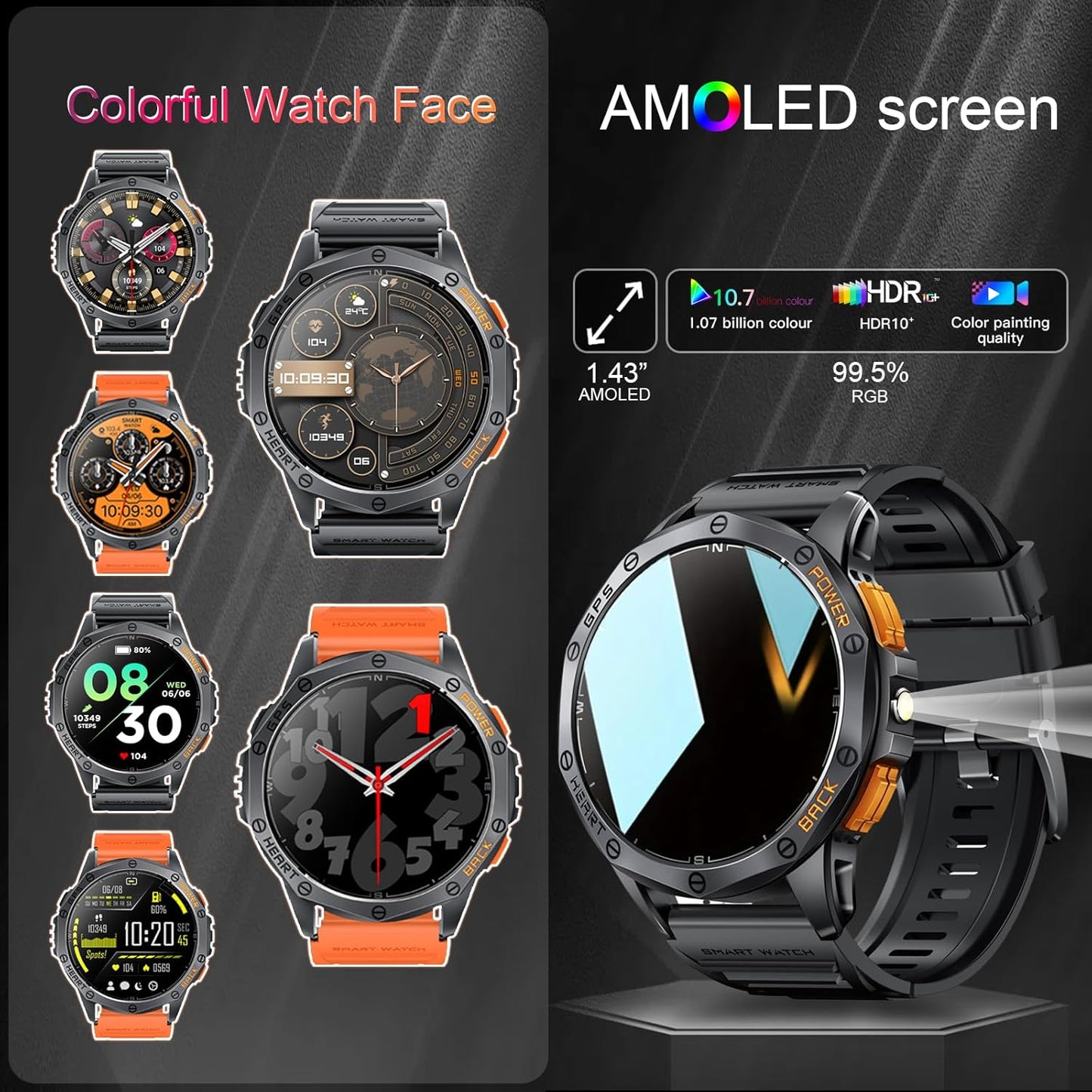 Military Smart Watches Built-in GPS, 170+ Sport Modes for Men with Flashlight, Smartwatch for Android Phones and iPhone, 1.43" AMOLED Screen Bluetooth Call Compass Altimeter (Black & Orange (2 Bands))