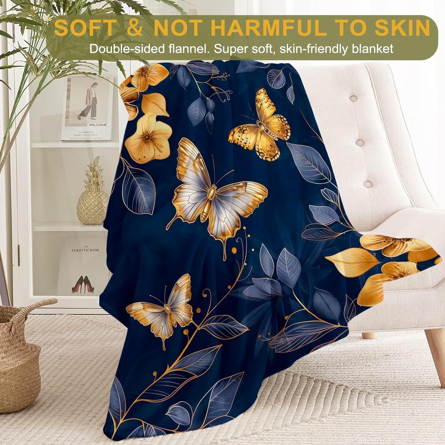 Elegant Butterfly Floral Fleece Throw Blanket 50x60 Inch,Vintage Golden Botanical Insect Decorative Throws,Soft Lightweight Blankets for Reading Chair Bed,Cozy Gifts for Nature Lovers Women