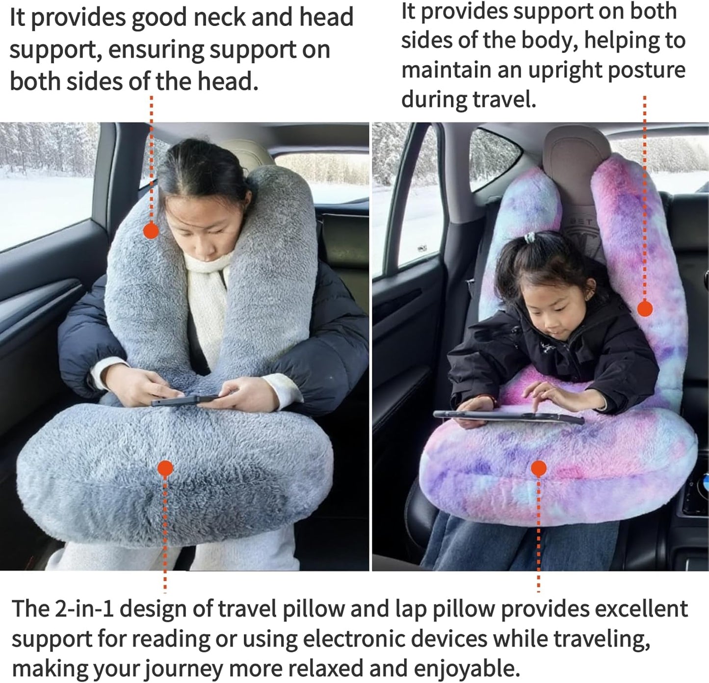 Travel Pillow Car Travel Sleep Support Pillow 2-in-1 Lap Pillow and Car Pillow with Neck and Body Support for Adults and Kids on Long Trips Kids Travel Pillow Gray