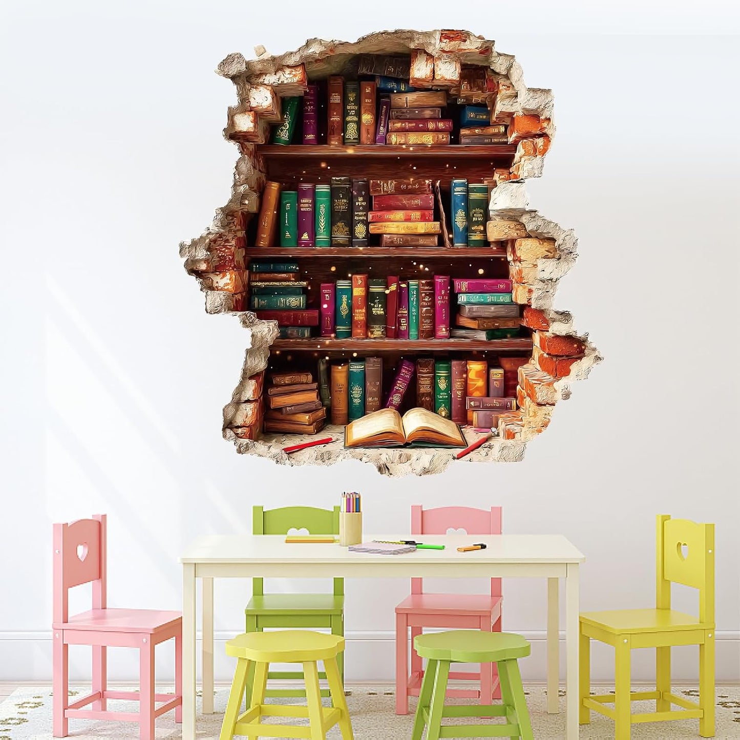 PLIGREAT Vintage Book Break Through Wall Decals, 3D Broken Wall Stickers Removable Vinly Bookshelf Mural Stickers for Reading Room Bedroom Living Room Home DIY Decor, 2 Sheets