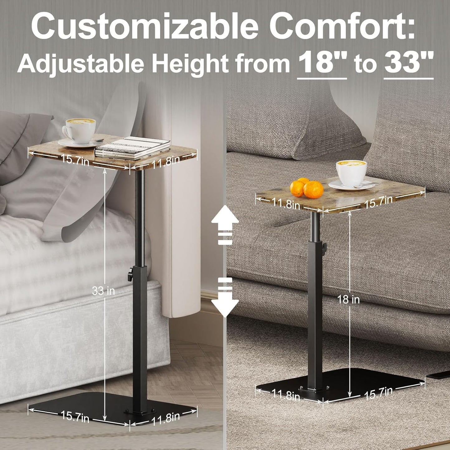 TV Tray Side Table Sofa Tray for Couch Heavy Metal Base Swivel/Adjustable Height, Sofa Bed Bathroom Living Room, Study TV Tray C Shaped End Table Food Snack Trays for Eating Small Spaces