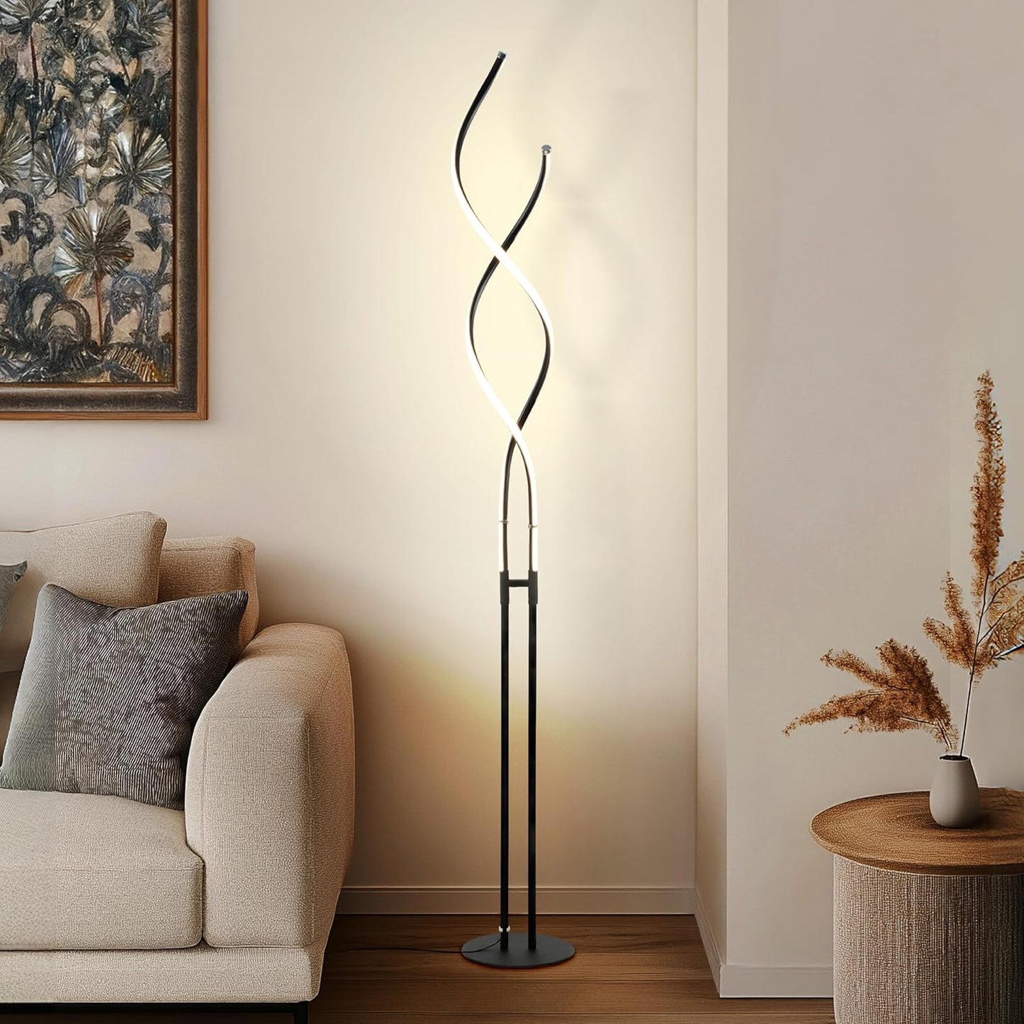 Brightech Embrace Dimmable LED Floor Lamp – Modern Spiral Adjustable Standing Lamp for Living Rooms & Offices – 2-in-1 Tall End Table Lamp for Bedroom Reading - Black