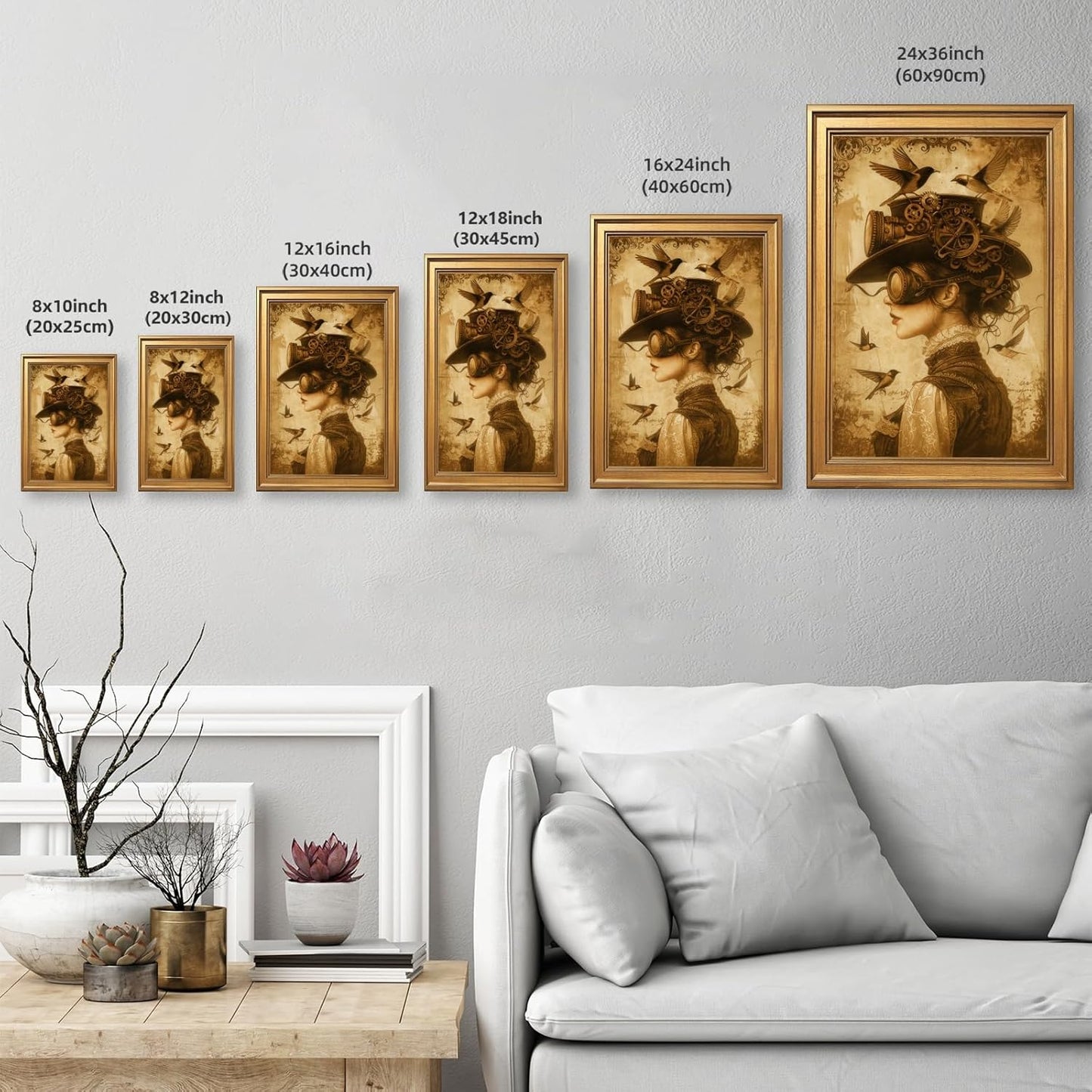 Licpach Gold Framed Dark Academia Wall Art Vintage Abstract Woman Hummingbird Poster Gothic Victorian Female Portrait Canvas Print Moody Mid-Century Aesthetic Artwork for Bedroom Dorm Decor 12x16inch