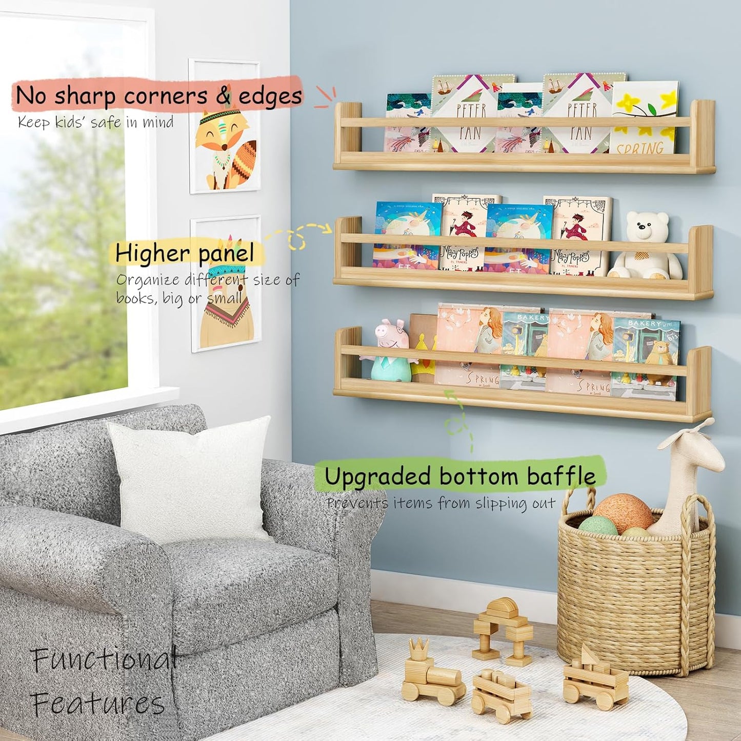 Wooden Wall Bookshelf for Kids Room, Large Nursery Floating Shelves for Kids Bedroom, Natural Wood Wall Mounted Bookshelves for Baby Toddler Classroom Library Books (36 Inch Long, 3-Pack)