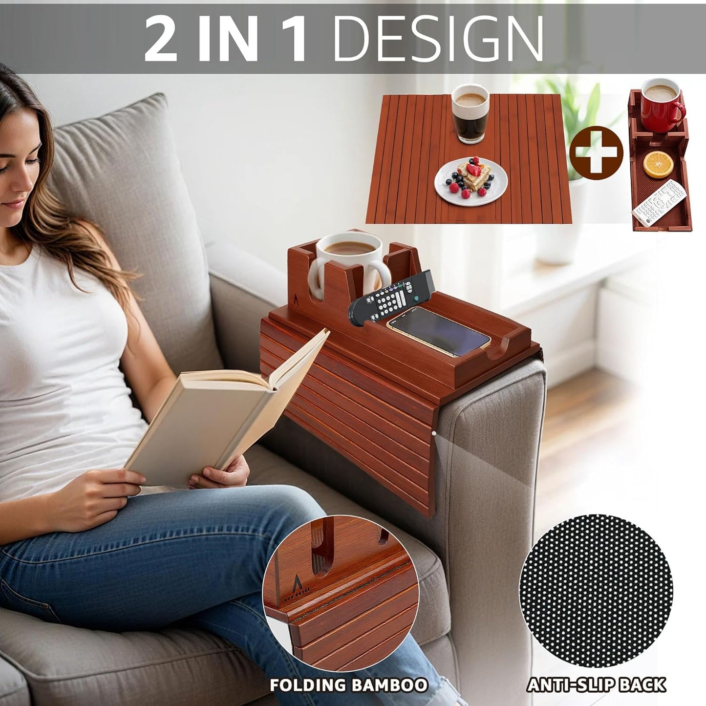 Brown Bamboo Couch Arm Tray with Non-Slip Mats, Slide-Away Upper Tray, Adjustable Fit for Various Sofa Armrests – Ideal for Snacks, Drinks, Remotes and Electronics (Brown)