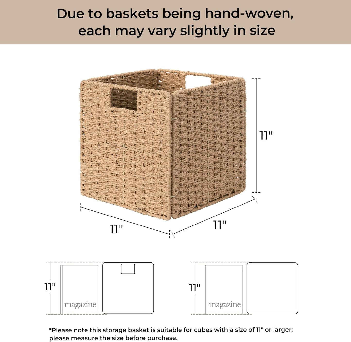 StorageWorks 11 inch Wicker Baskets, Handwoven Storage Cubes with Handles, Foldable Paper Rope Basket for Organizing, Natural, 2 Pack