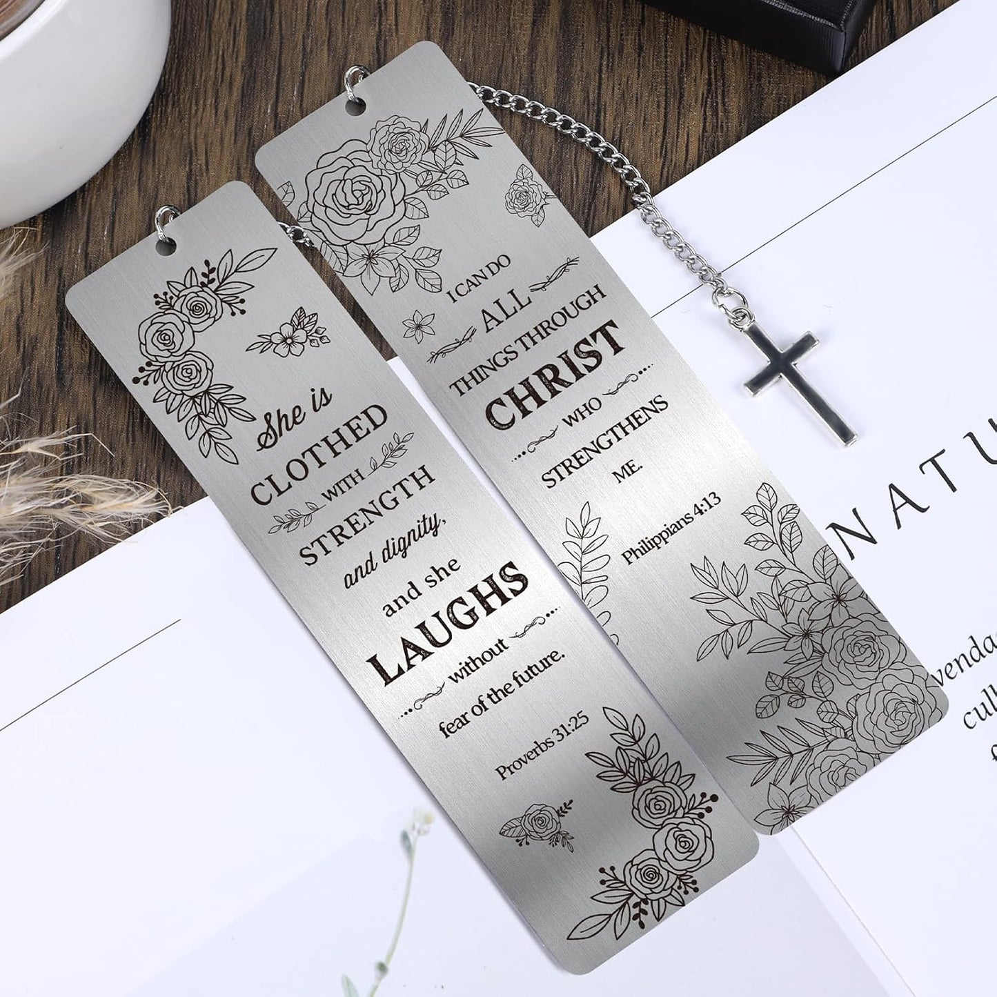 Christian Metal Bookmarks Gifts - 2 Pcs Bible Verse Inspirational Book Marks for Women Religious Cross Plant Unique Page Markers Reading Birthday Student Teacher School Office Accessories