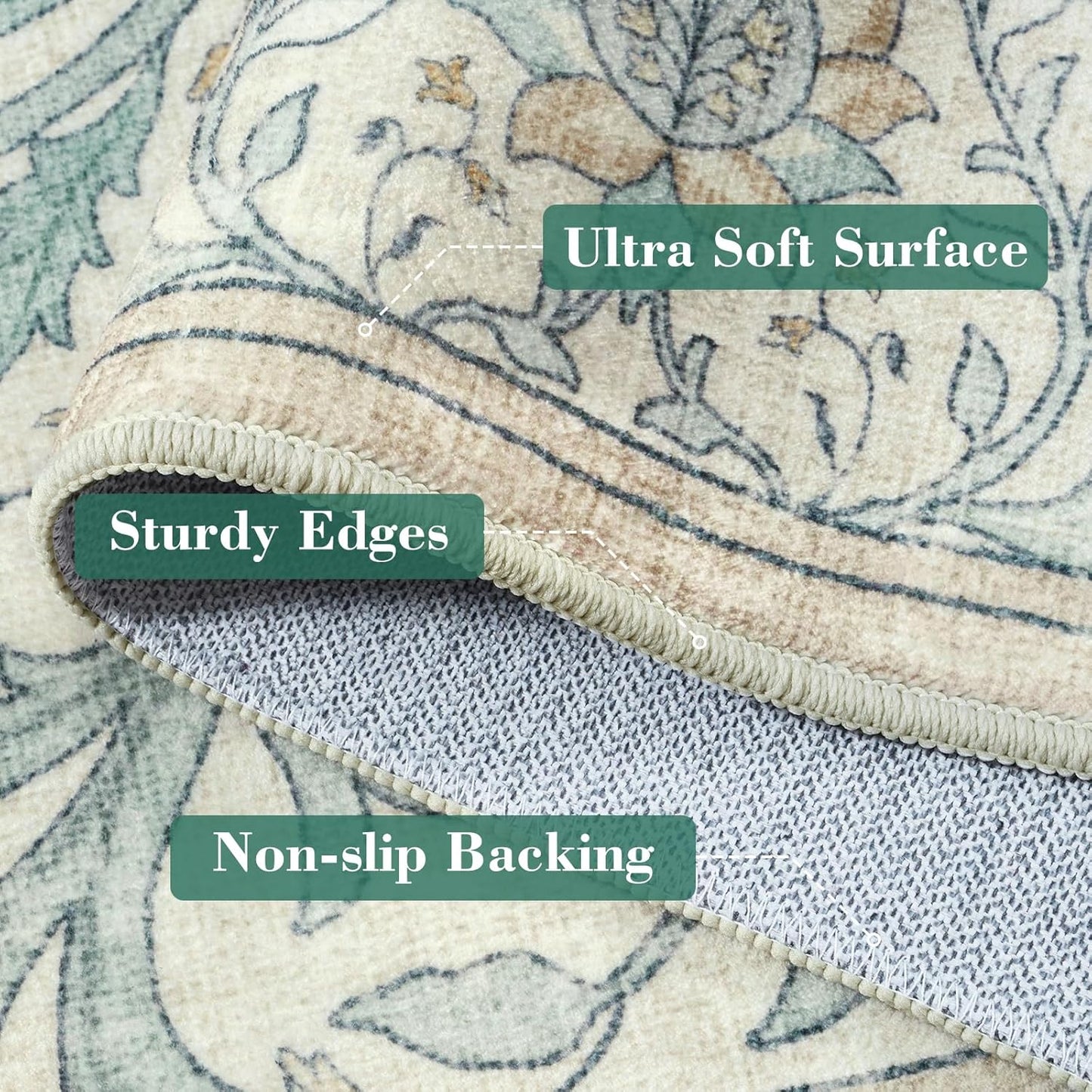 Collive 8x10 Area Rugs for Living Room, Washable Floral Bedroom Rug, Vintage Neutral Non Slip Low Pile Throw Large Carpet, Soft Retro Distressed Rugs for Dining Room Office, Ivory/Light Turquoise