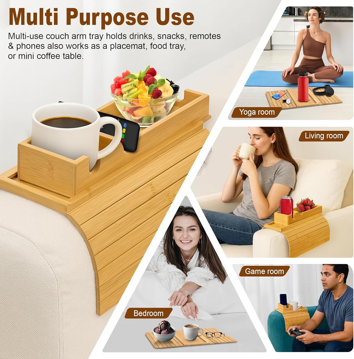 2-in-1 Adjustable Bamboo Sofa Cup Holder Tray (Fits 4.5” to 14” Arms) - Detachable Armchair Caddy with Sofa Arm Tray Drink Organizer - Foldable Couch Caddy with Cup Holder for Phone Remote Snack