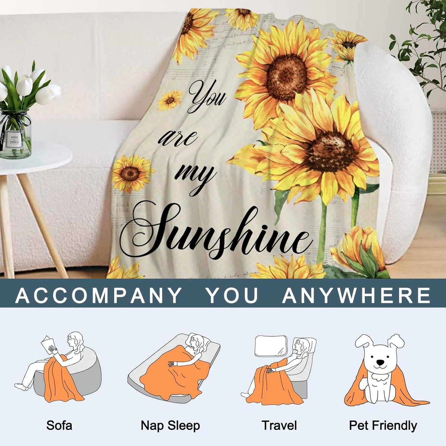 Neatee Living Sunflower Throw Blanket Spring Summer Floral Blanket for Couch Sofa Bed Soft Cozy Fuzzy Fleece Blankets Home Living Room Decoration Print Blanket Gift for Women Mom Girls 50x60