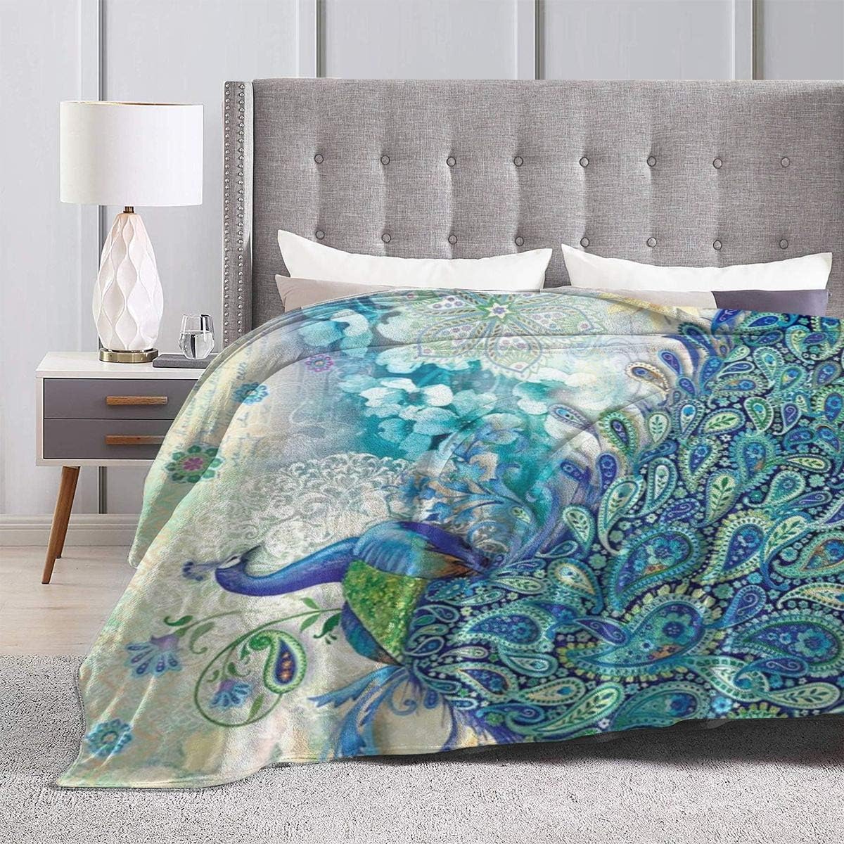 Peacock & Vintage Botanical Flannel Fleece Throw - Ultra Soft, Cozy, Warm & Lightweight Microfleece Blanket (80" x 60")