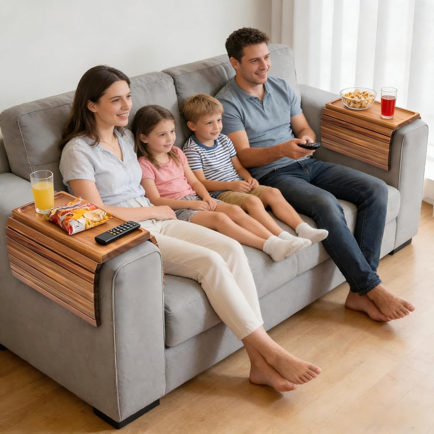 Acacia Wood Couch Armrest Table, Couch Arm Tray, Foldable Anti-Slip Bamboo Couch Tray, Sofa Cup Holder for Drink Snacks Remote Control