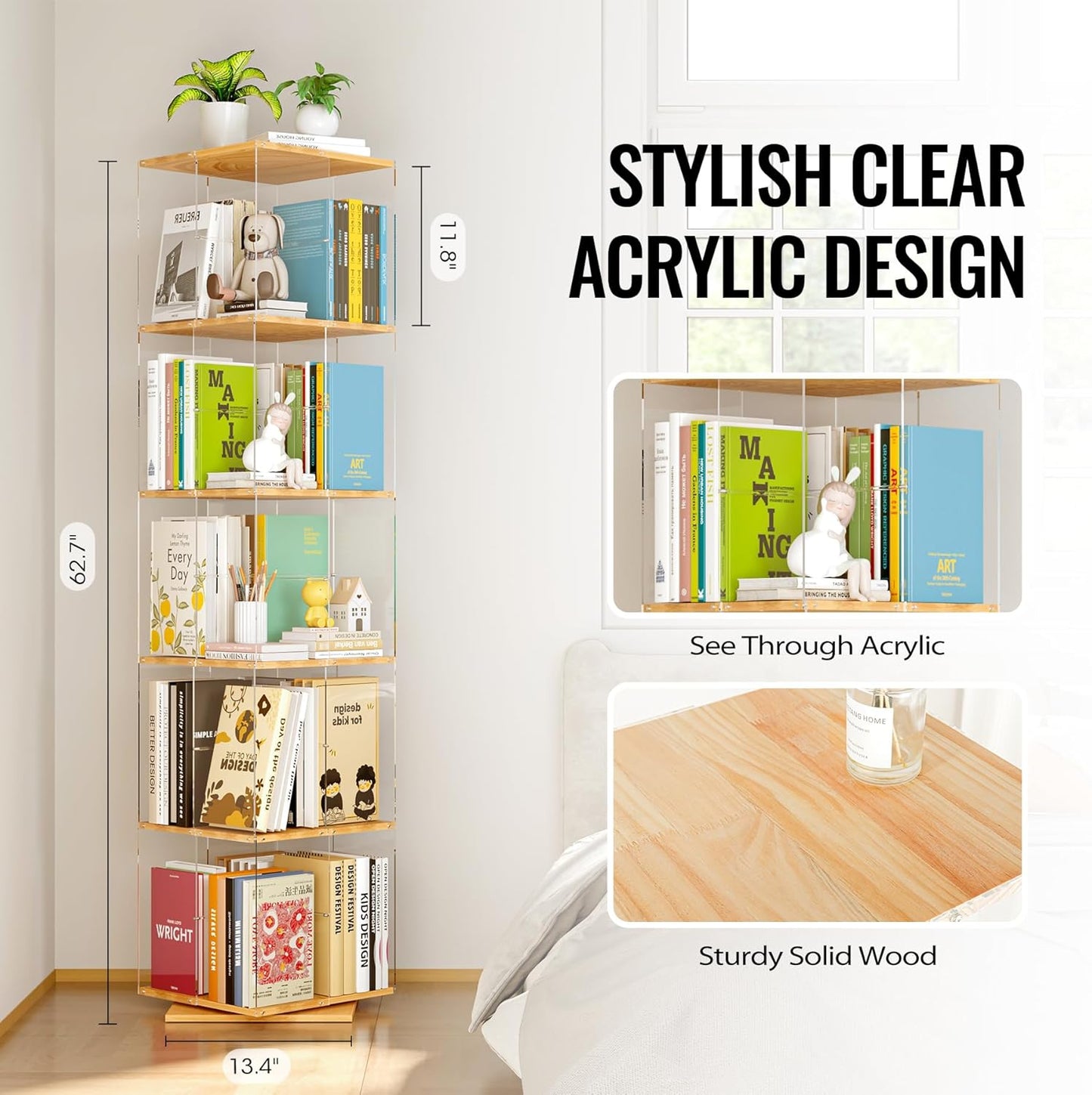 5-Tier Rotating Bookshelf, 360° Spinning Book Shelf Tower with Solid Wood & Clear Acrylic, Square Revolving Bookcase for Kids Room, Living Room, Bedroom and Office