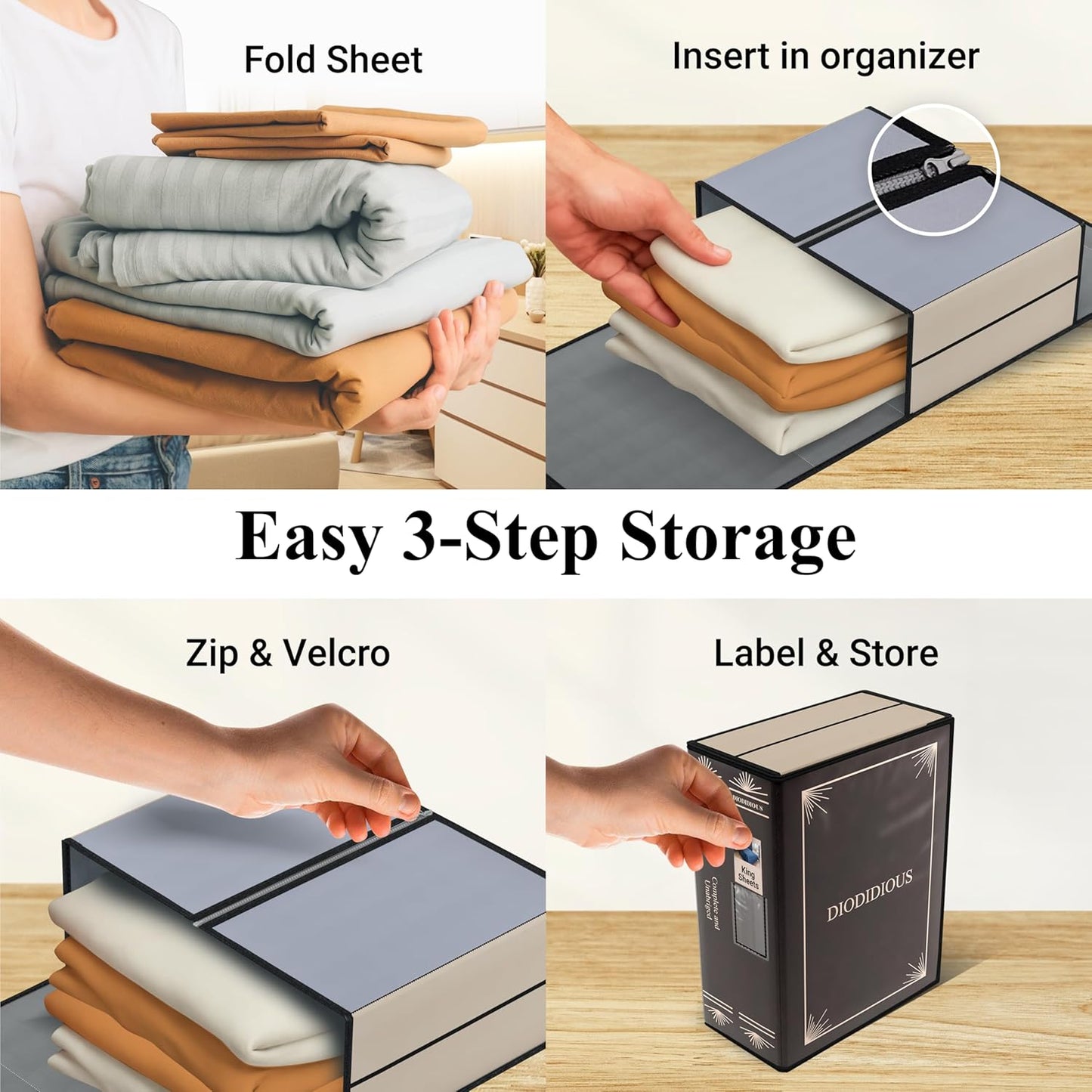 Bedsheet Organizer for Linen Closet, Foldable Faux Leather Book-Style Storage Box with Label Window, Decorative Bedding and Sheet Organizer for Queen & King Sets, Brown