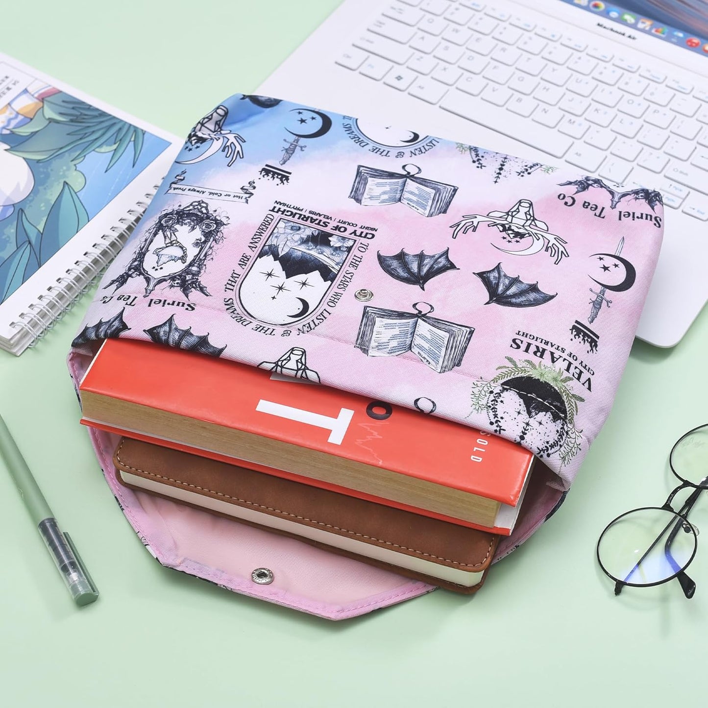 Rose and Thorns Book Sleeve Pouch, Waterproof Zipper Book Cover, Canvas Book Pouch with Front Pocket for Readers and Students, Gifts for Fantasy Book Lovers (Original)