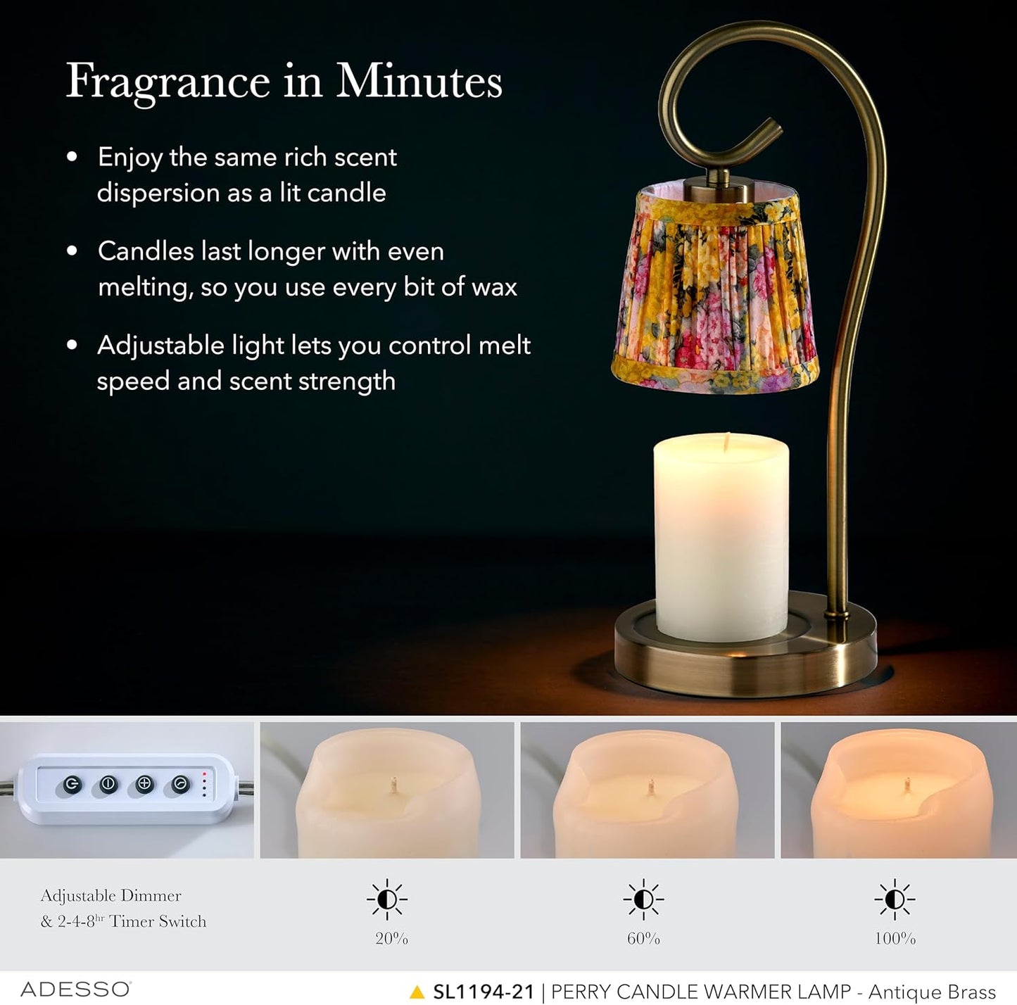 Adesso Candle Warmer Lamp – Flameless Candle Melter with Adjustable Timer & Dimmable Light, Bulb Included, Antique Brass Base & Floral Printed Shade, for Home, Dorm, or Office
