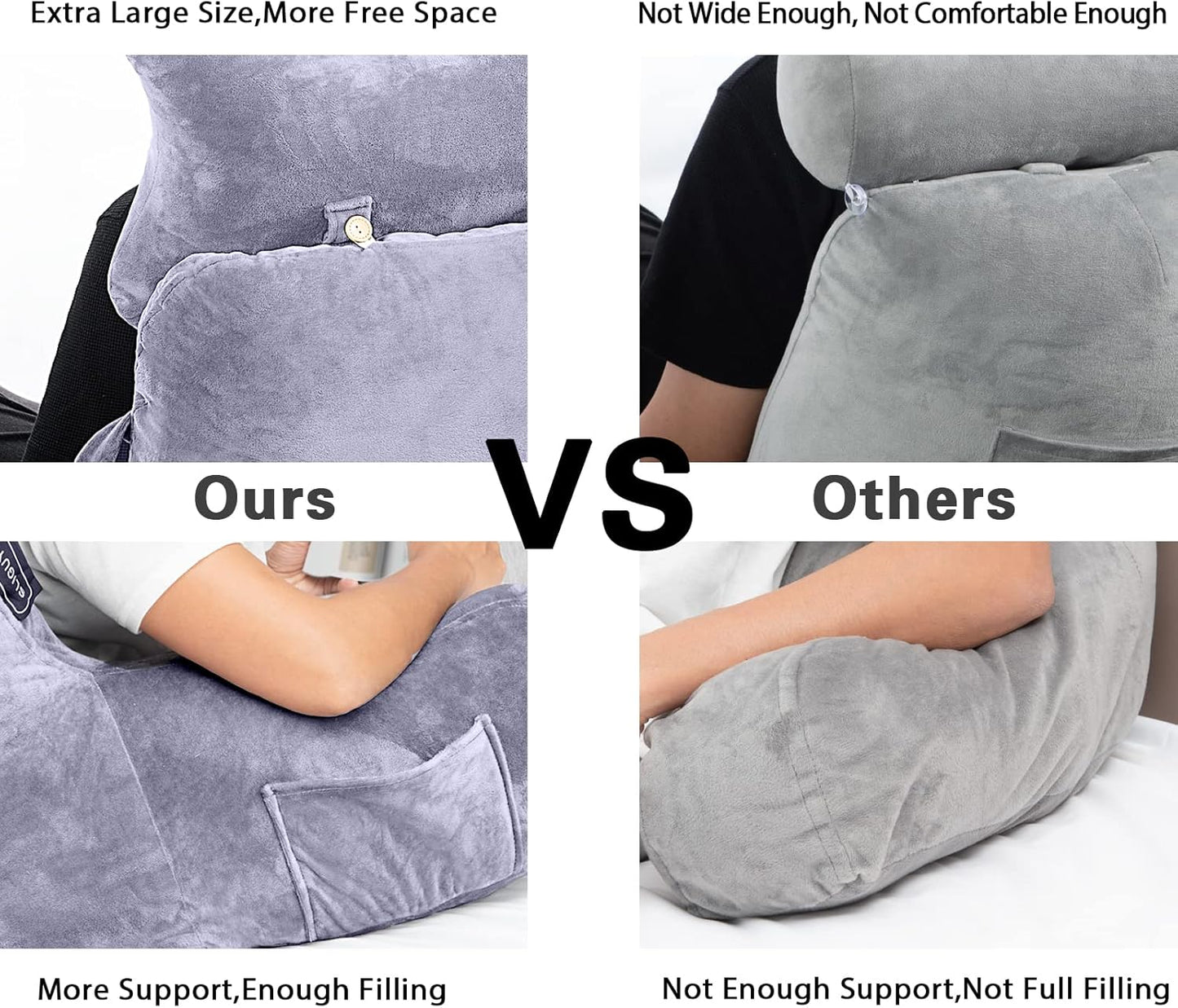 Reading Pillow-Extra Large 31" Bed Rest Pillow with Detachable Neck Roll & Arms for Sitting in Bed or Couch-Backrest Reading Pillow Adult Back Pillows for Reading/Watching TV/Gaming/Relaxing-Grey