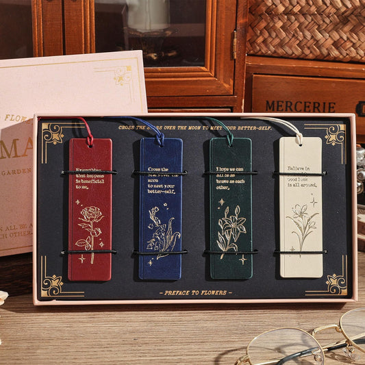 4 PCS Vintage Leather Bookmarks with Gift Box for Women, Personalized PU Book Marks for Reading Women,Book Marks for Teachers Students School Office Home Supplies