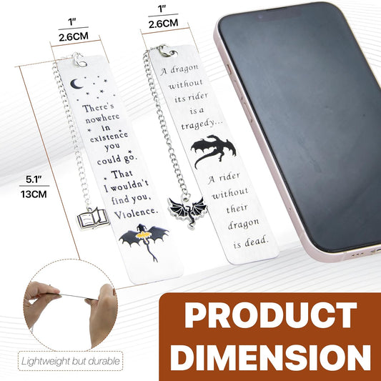Dragon Metal Bookmarks – Set of 2 Engraved Fantasy Bookmark with Charms, Cool Bookmarks for Women and Men, Bookish Quotes Gifts for Readers, Magical Academy Book Accessories (Style 2)