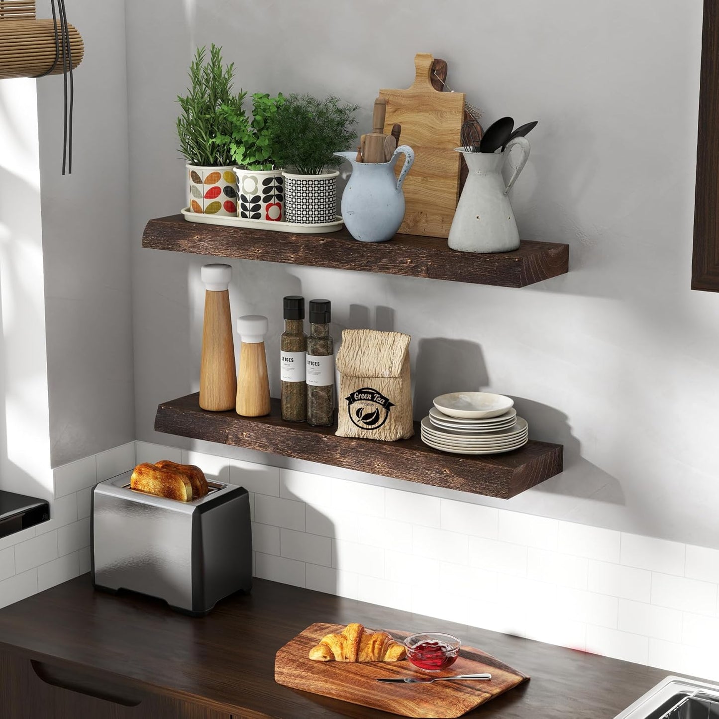 30 Inch Floating Shelves for Wall, Solid Elm Wood Live Edge Floating Shelves for Bedroom Living Room Bathroom, Wall Mounted Wooden Shelf with Invisible Bracket for Books Decor Storage, Walnut